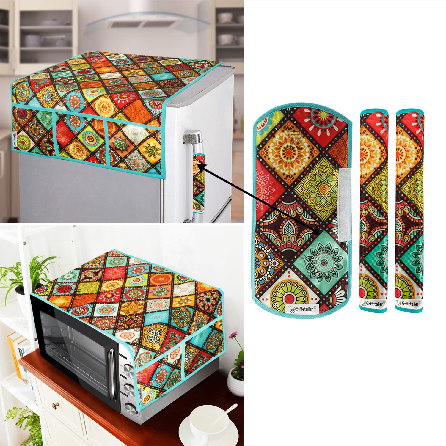 E-Retailer® Polyester Combo of Appliances Protector 3-Layered Washable Set with 1 Pc Fridge Top Cover, 3 Pcs Handle Covers & 1 Pc Microwave Oven Top Cover (Multi Ethnic, 5 Pcs)-image-25
