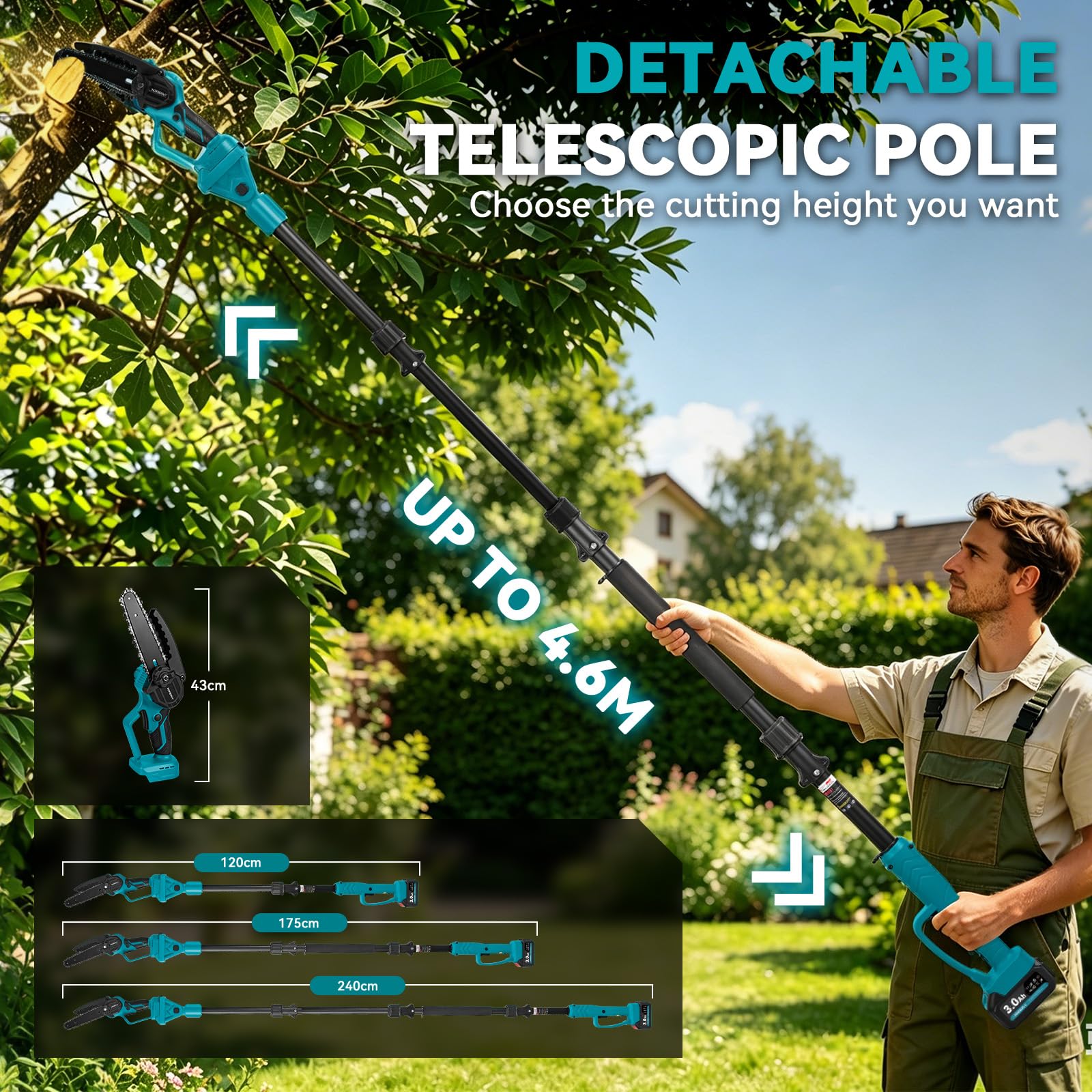 Yofidra 2 en 1 Motosierra Inalámbrica, Motosierra Telescópica Eléctrica de 6 Pulgadas con 2 Baterías de 3.0Ah, Poste Desmontable de hasta 4.6M, para Cortar Ramas de Árboles