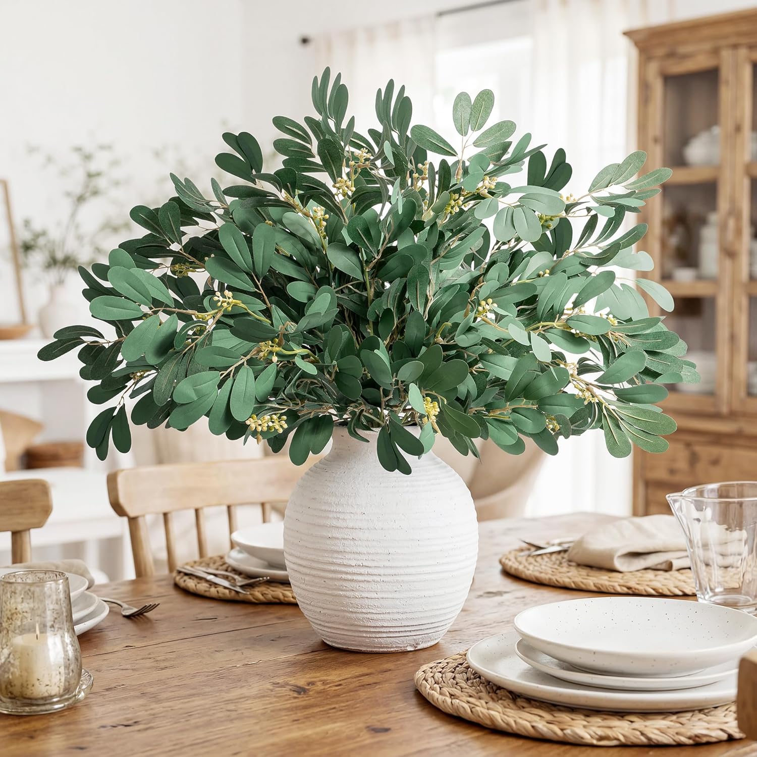 Artificial Greenery Eucalyptus Stems Fake Plants Faux Ficus Greenery for Vase Fake Leaves Greenery Branches Artificial Italian Ruscus for Spring Decor Kitchen Farmhouse(Gray Green) 4pcs