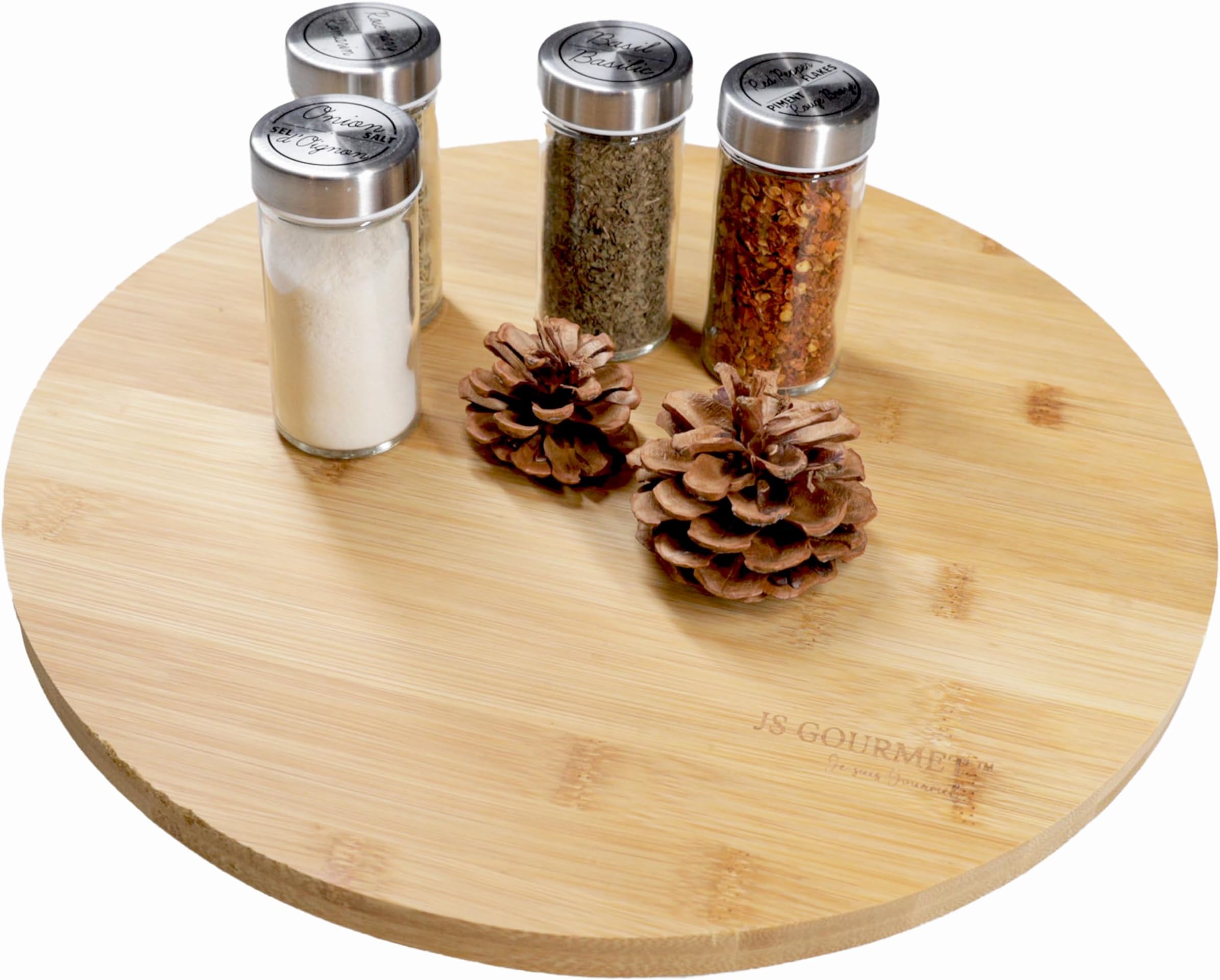 JS Gourmet14-Inch Bamboo Round Lazy Susan Turntable, Wooden Lazy Susan Organizer, Perfect for Kitchen Pantry, Shelves, Counters, Tables, and Beyond, Providing Convenient Spice Rack Solution