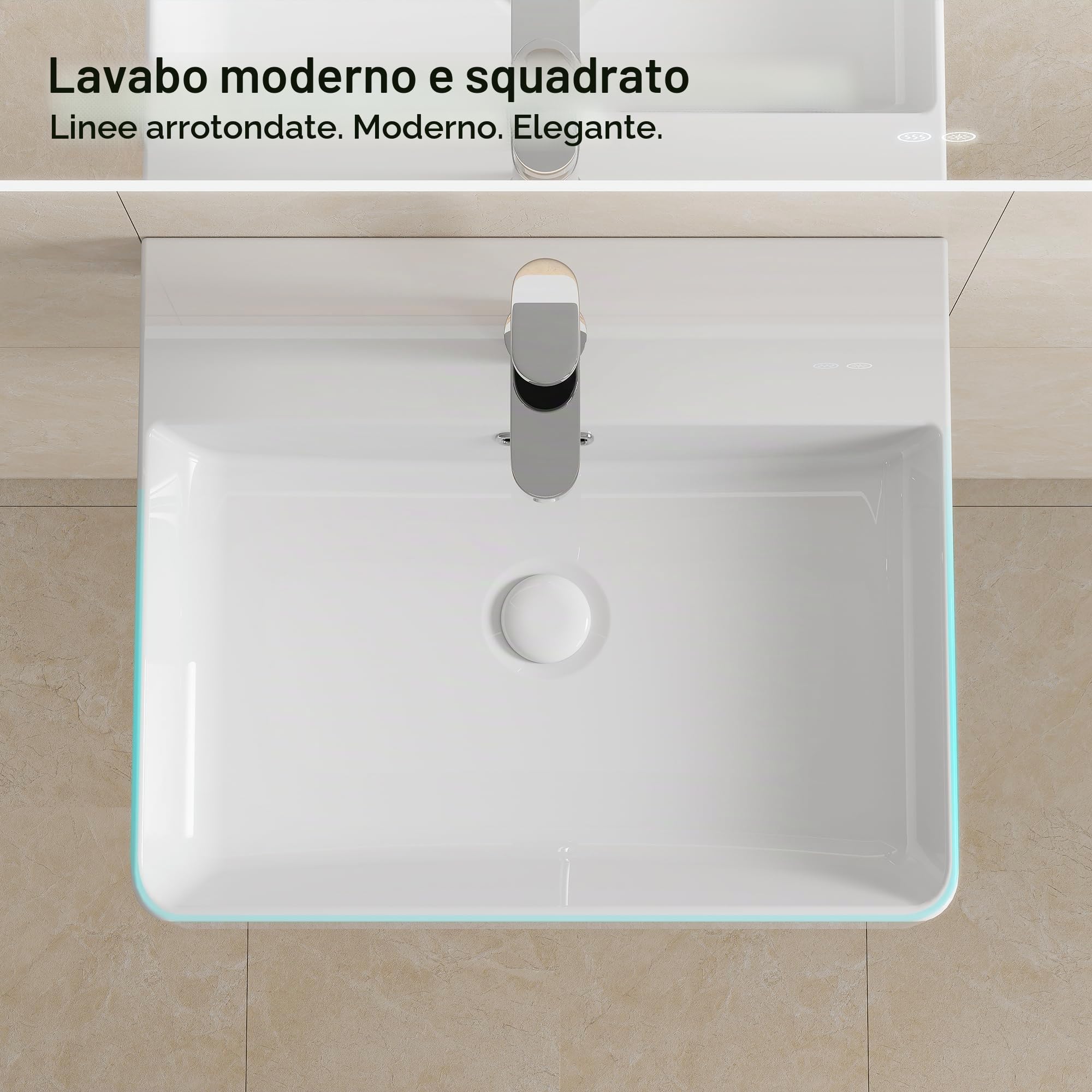 HOROW Lavabo da Bagno 50 cm in Ceramica con Scarico a Scatto