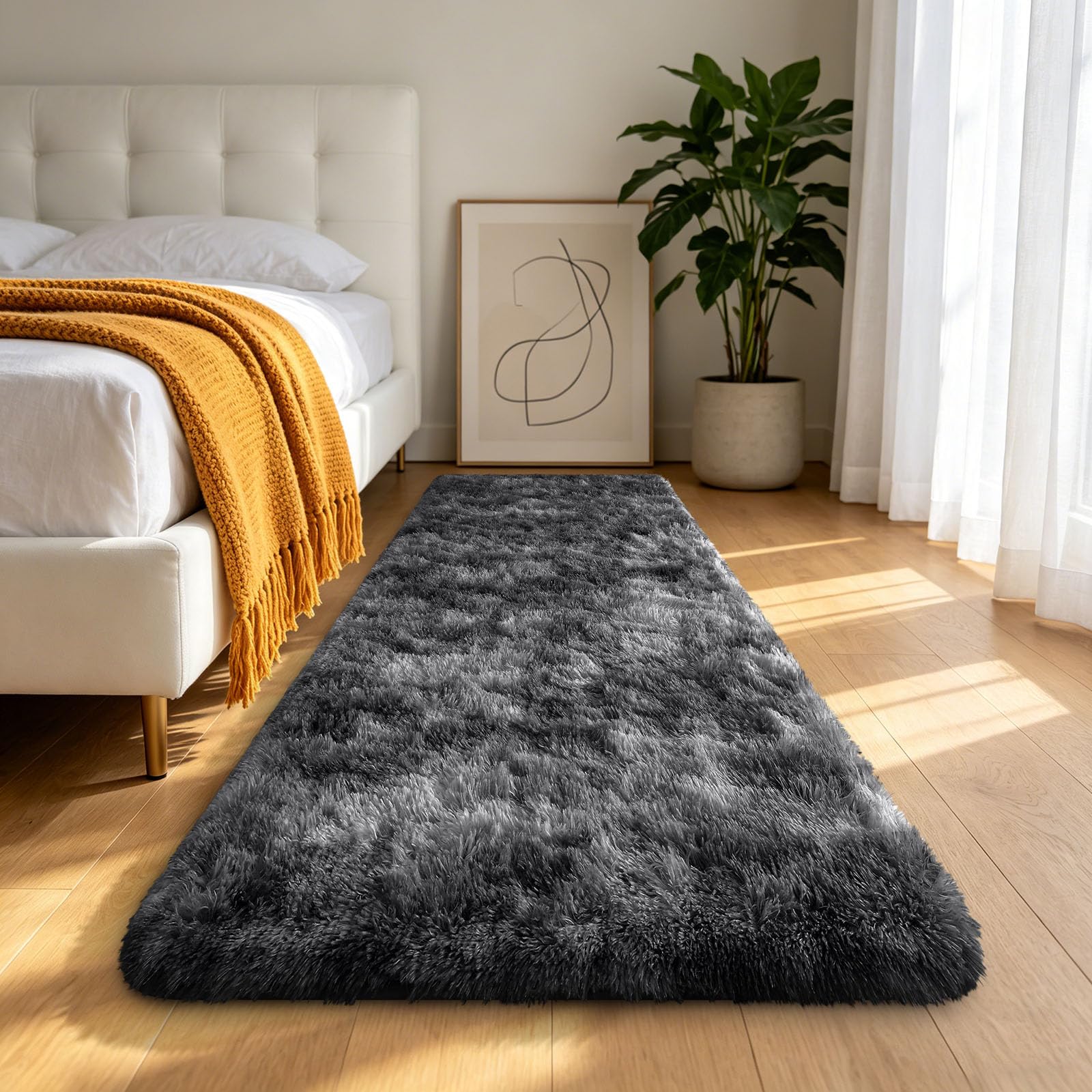 Homaxy Fluffy Runner Rug Hallway, Soft Shaggy Anti Slip Non Shedding Beside Carpet, High Pile Modern Washable Area Rugs for Living Room Kitchen Bedroom, Easy Care Home Decor, 80x150 cm, Black & Grey