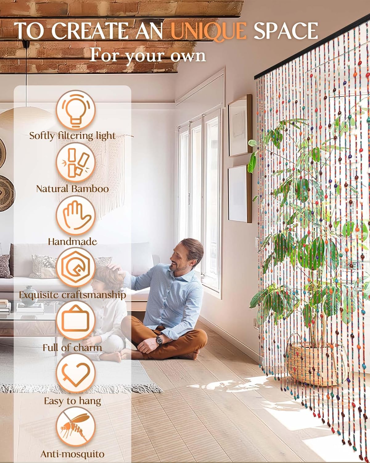 38 Strands Beaded Curtain for Doorways -35.4"x79"- Handmade Natural Beaded Curtains,Boho Doorway Wood and Bamboo Bead Curtain-As Insect Screen/Room Divider - Image 5