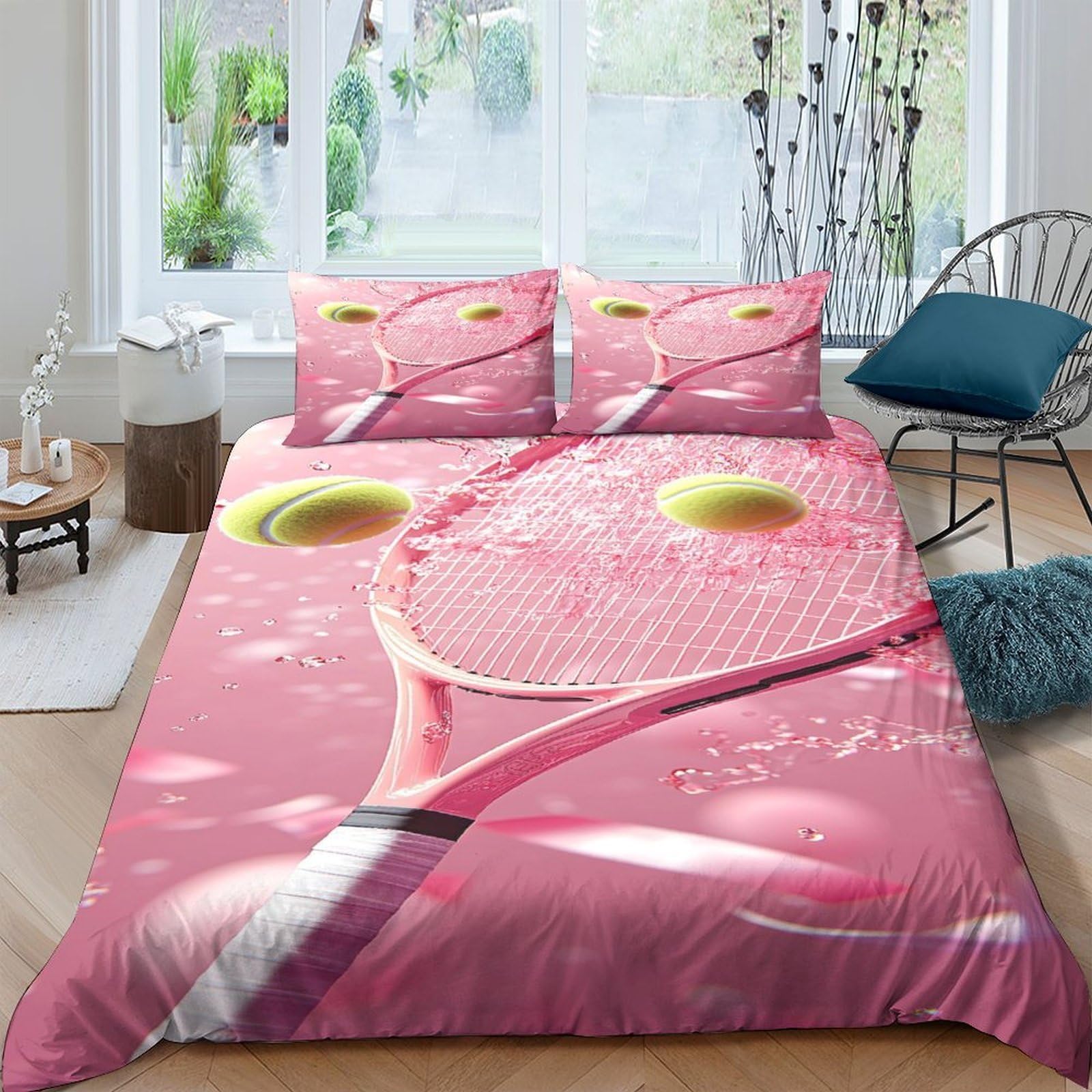 Ctjqhvkz Style-8 3D Printed Pink Tennis Racket Fitted Sheet Microfiber Soft Breathable Tennis Ball Mattress Cover Bedroom Decor Single（135X200cm）