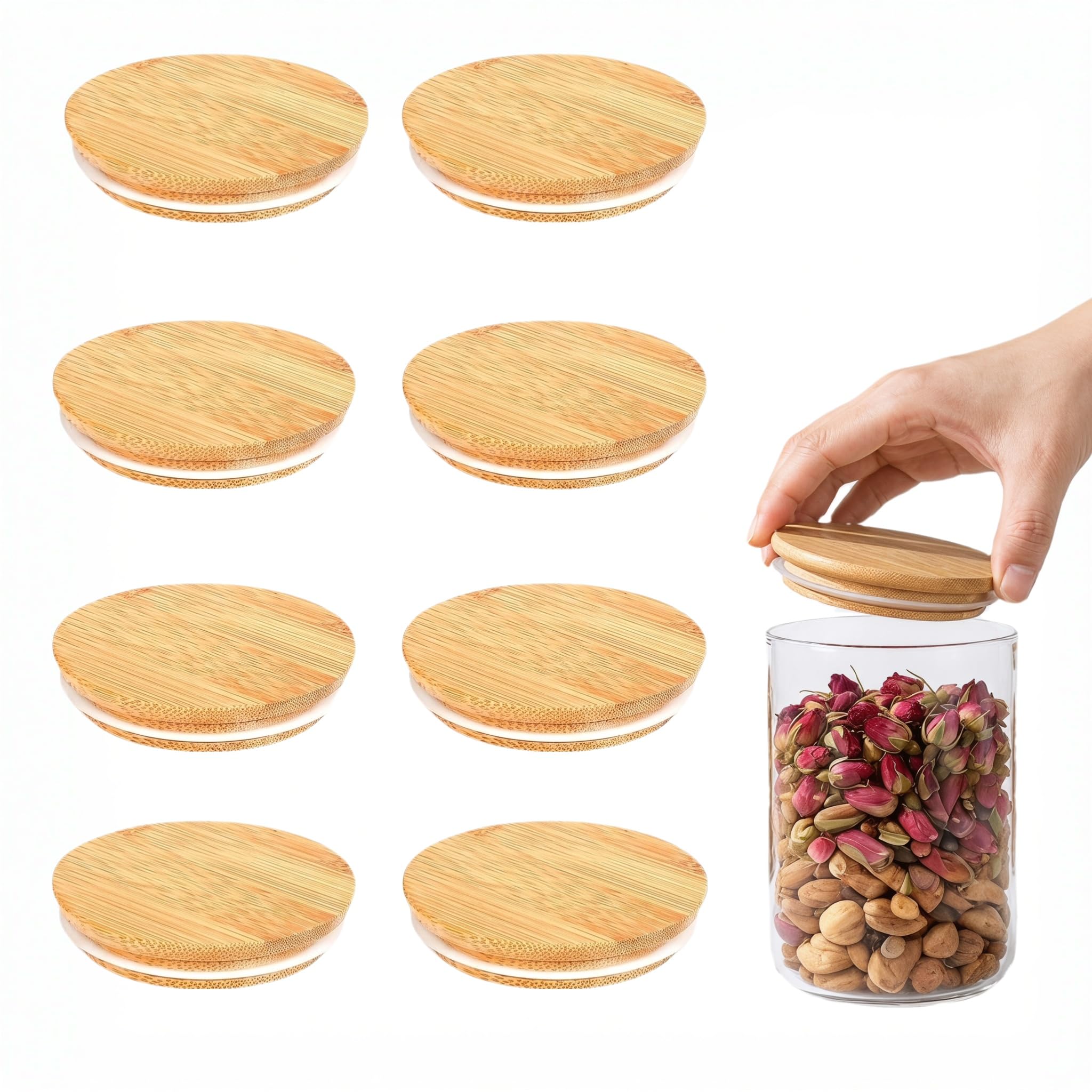 8 Pcs Airtight Bamboo Lid, Bamboo Lids for Pots, Airtight Bamboo Cover with Silicone Sealing Ring Leakproof Bottle Top Reusable Leakproof Lids for Kitchen Containers