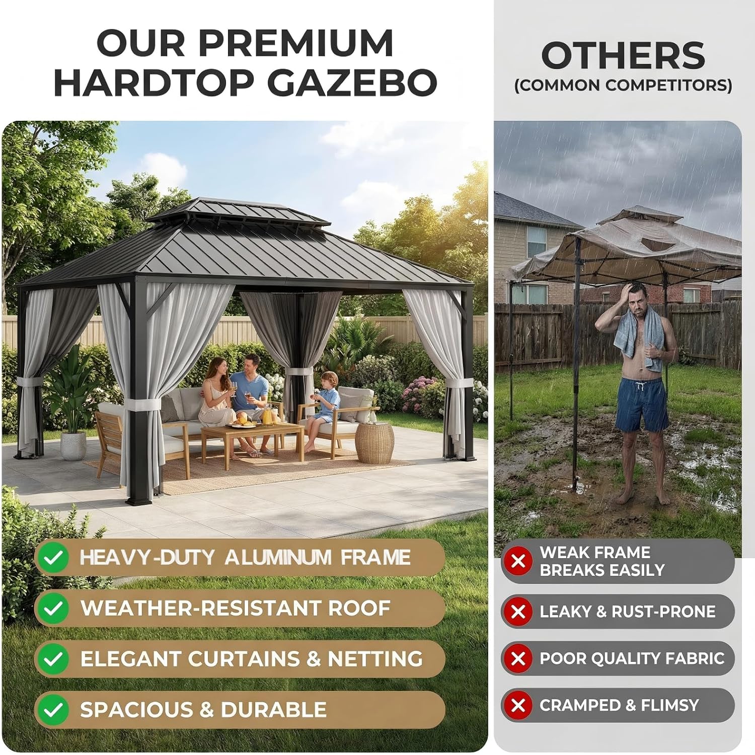 IRONCK 12'x10' Hardtop Gazebo, Update Aluminum Frame Gazebo with Galvanized Steel Double Roof, Outdoor Pergola with Curtain and Net, Backyard Canopy for Garden, Deck, Gray and Black