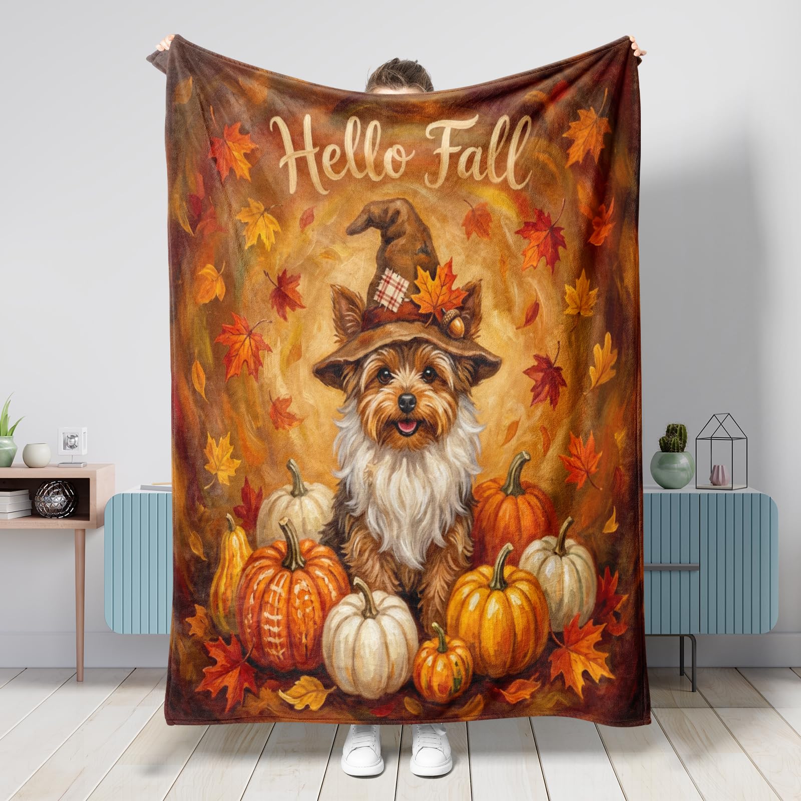 Plaid d'automne pelucheux de salon motif nain et yorkshire haut de gamme