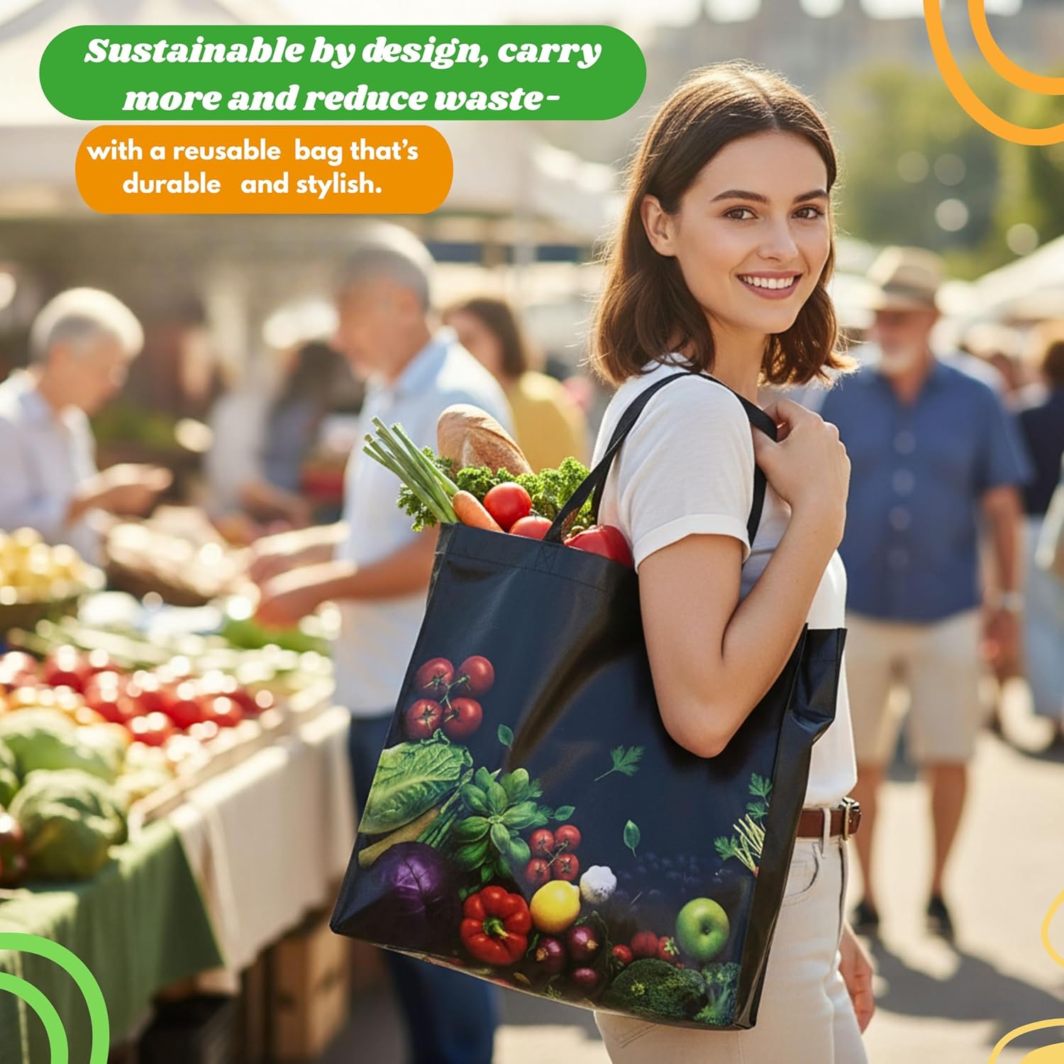 Simply Cool Reusable Grocery Bag 13”x12.6”x7.25 Eco-Friendly - Shopping Bags, Heavy Duty Foldable, Tote Bags Bulk