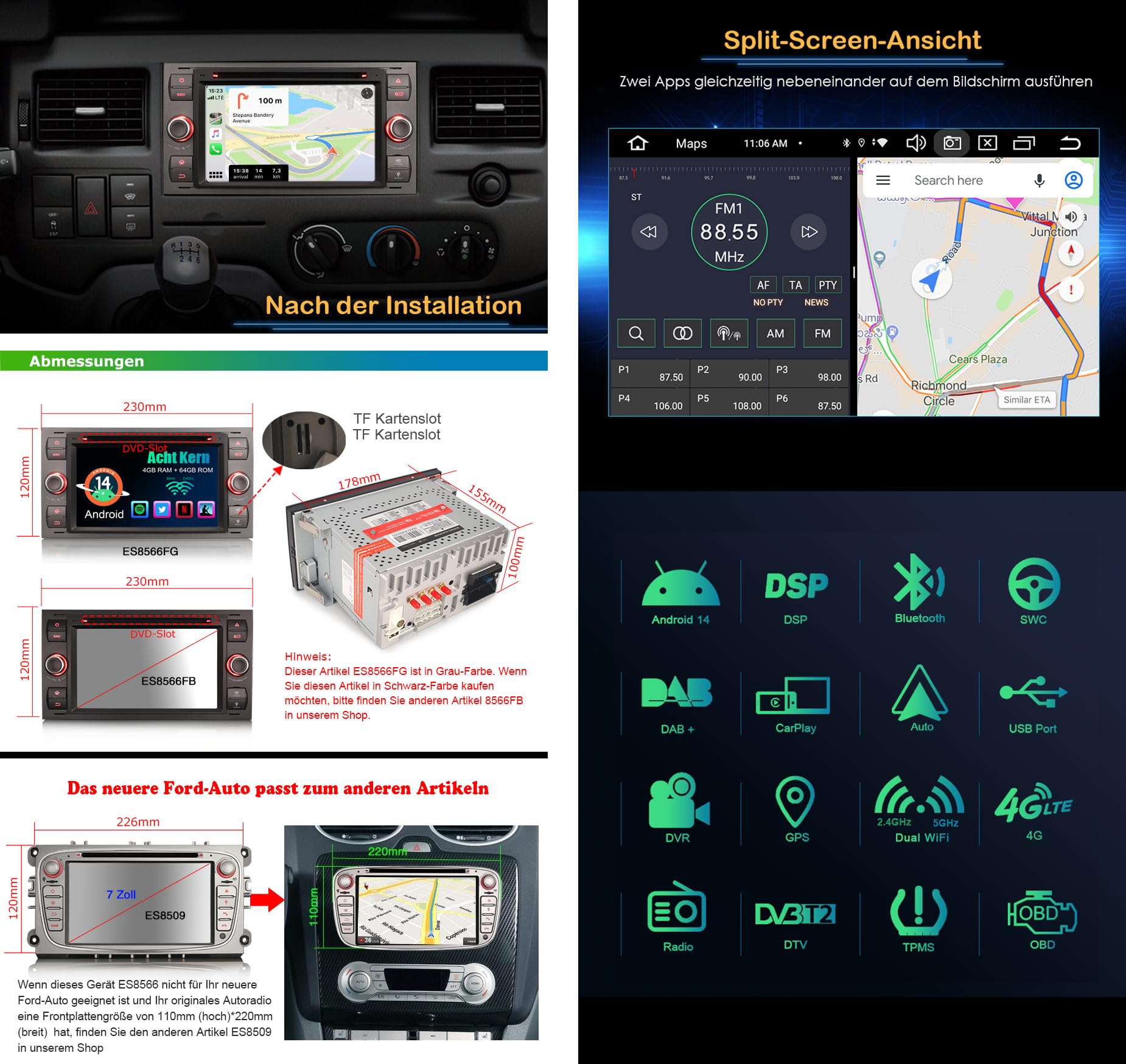 Erisin 8-Core Android 14 Bluetooth 5.0 DVD Autoradio per Ford C/S-Max Galaxy Kuga Focus Transit Mondeo 7" Schermo Tattile Supporta GPS Navigatore Wireless CarPlay Android Auto DAB+FM 4GB RAM+64GB ROM