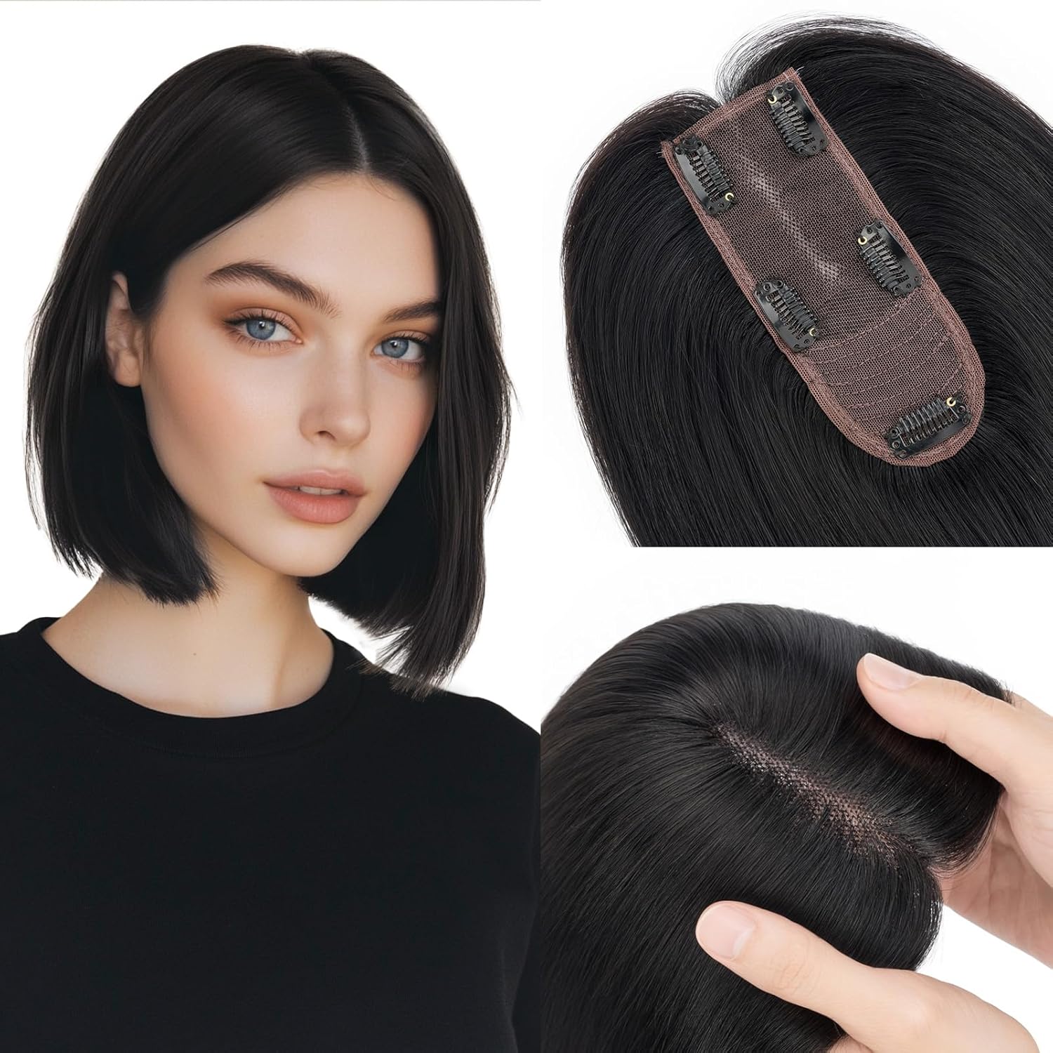 Hairro Human Hair Topper without Bangs, Clips on 360° 3D Cover Real Hairpieces Lightweight, 2.25"x6" Base for Women with High Hairline/Thinning Hair, 12 Inch Deep Black No Bangs
