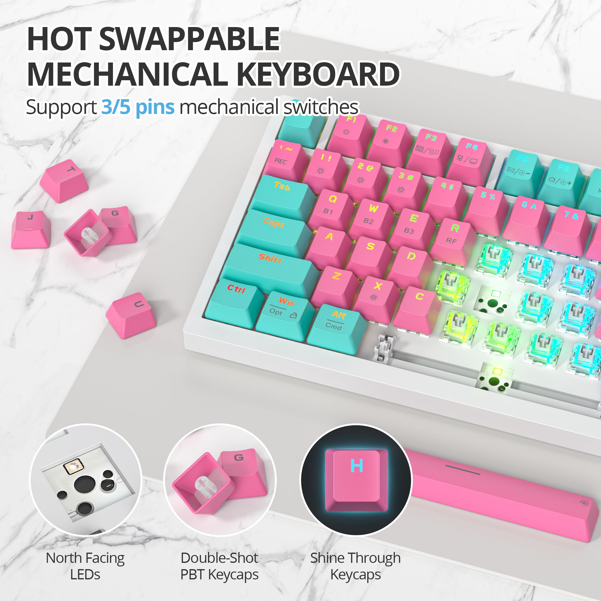 Tastiera 75 Percento Meccanica Wireless,USB/Bluetooth/2.4G,Retroilluminata RGB, Creamy Keyboard TKL Tastiera Compatta da Gaming con Knob Hot-swap per PC,MAC Layout QWERTY americano