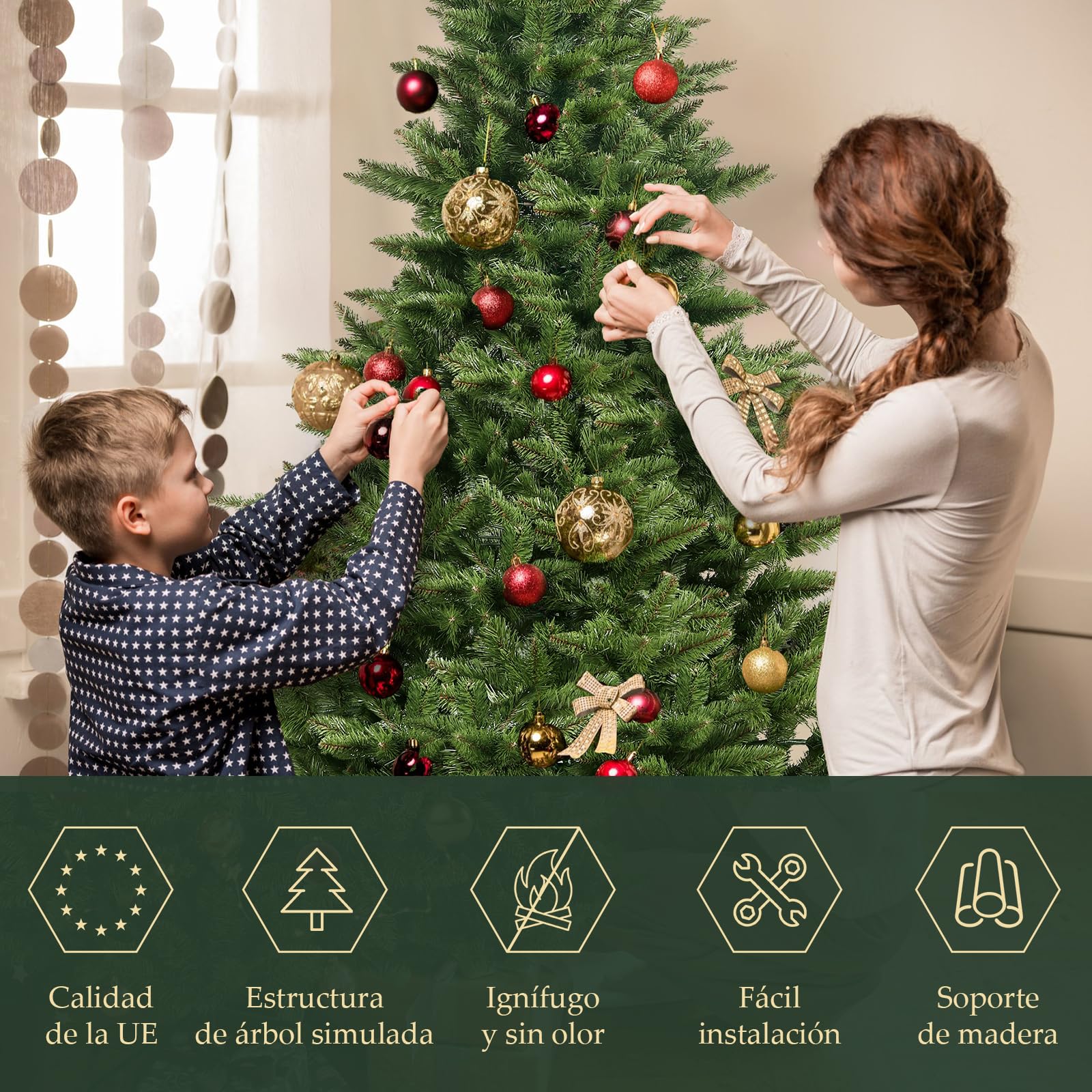 SALCAR - Árbol de Navidad Artificial de 760 Puntas, 2,1 m, Sistema de sombrilla Plegable, Soporte de Madera, diámetro de 132 cm (Verde)