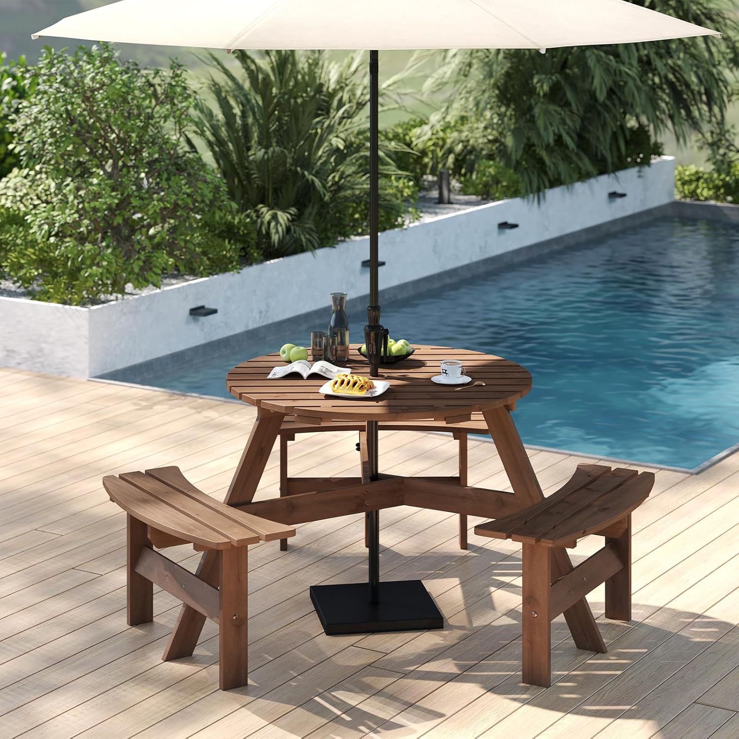 Tangkula 6-Person Wood Picnic Table, Outdoor Round Table and Bench Set with 3 Built-in Benches, Umbrella Hole, Perfect for Outside, Patio, Garden, Backyard, Porch (6-Person,Brown)