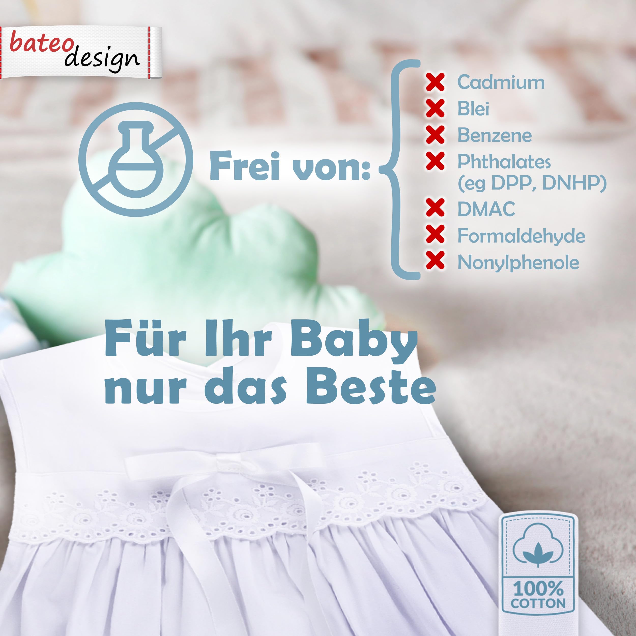 Baby Taufaufleger aus weißer Baumwolle mit Spitze + Schleife in weiß, Unisex, festliche Taufbekleidung für Mädchen und Jungen geeignet