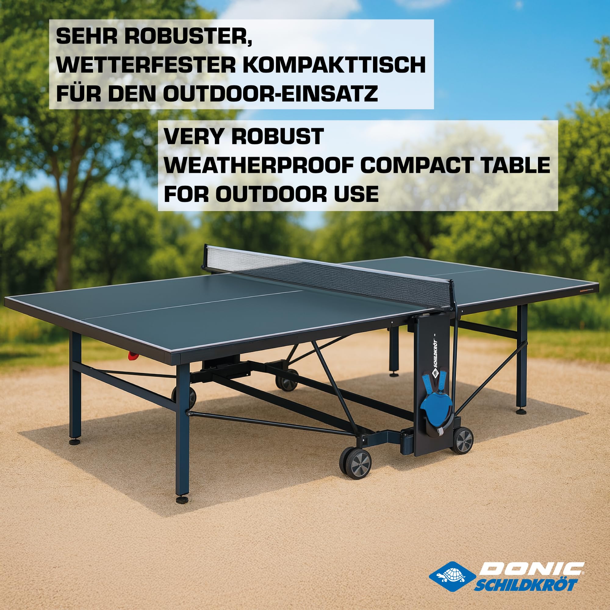 Schildkröt Tischtennisplatte ProTec Outdoor, wetterfester Kompakttisch, 6mm Melaminharzplatte, trendiges matt-schwarzes Design, klappbar und durch lenkbare Räder leicht fahrbar