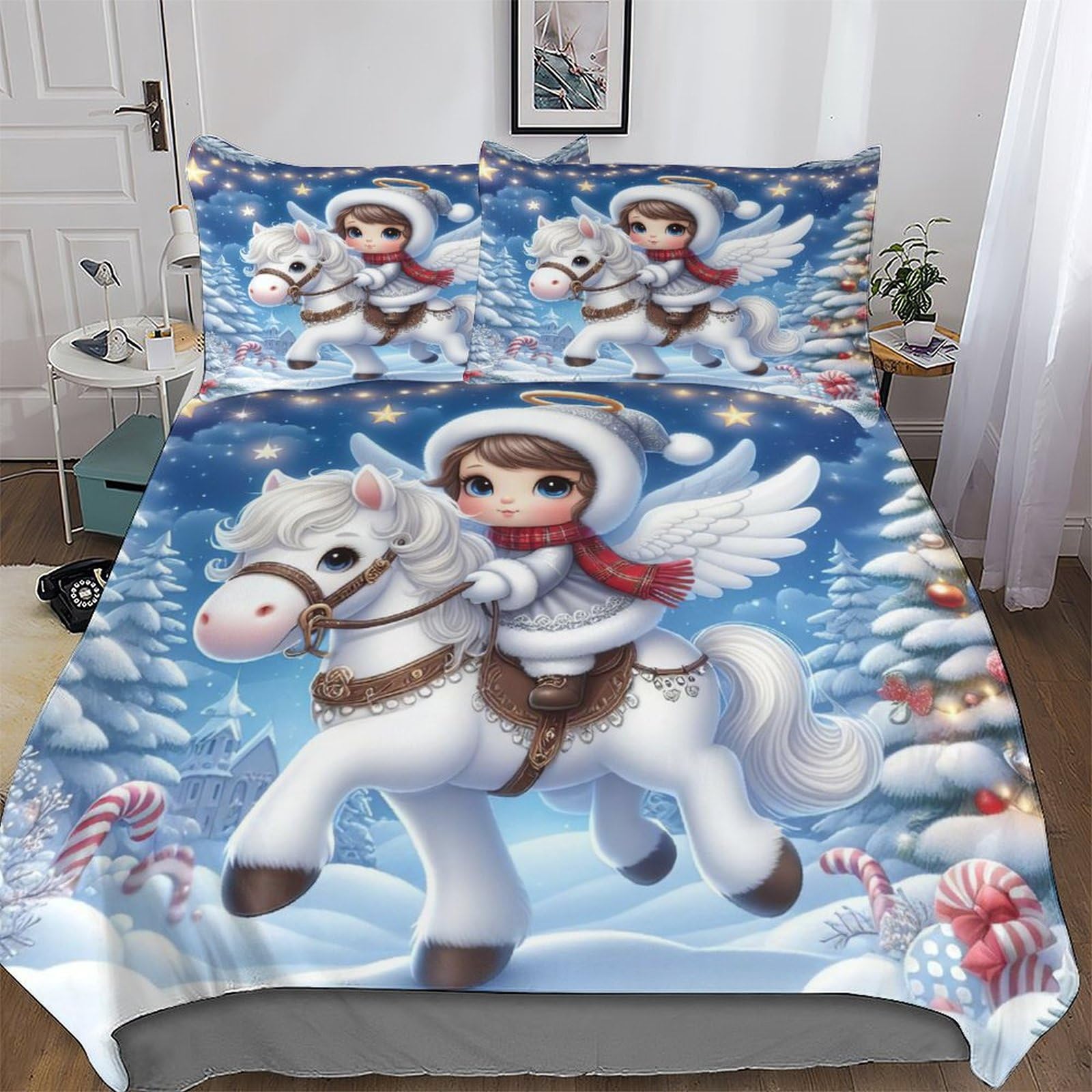 Parure de lit housse de couette 3 pièces en polycoton 200x200cm motif petit ange mignon