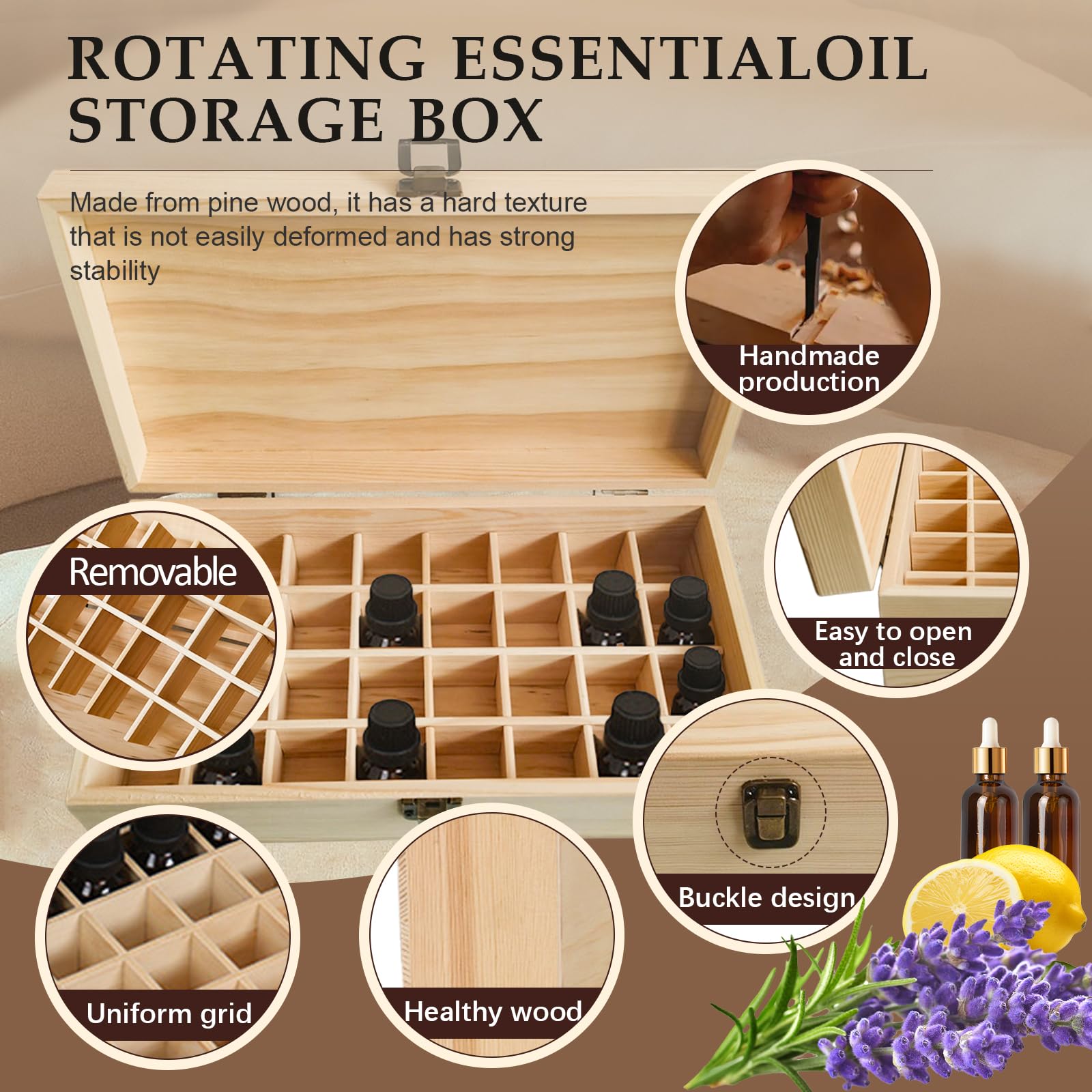 RoseFlower 32 Bottles Durable Wooden Essential Oil Storage Box for 5-15ml - Image 3