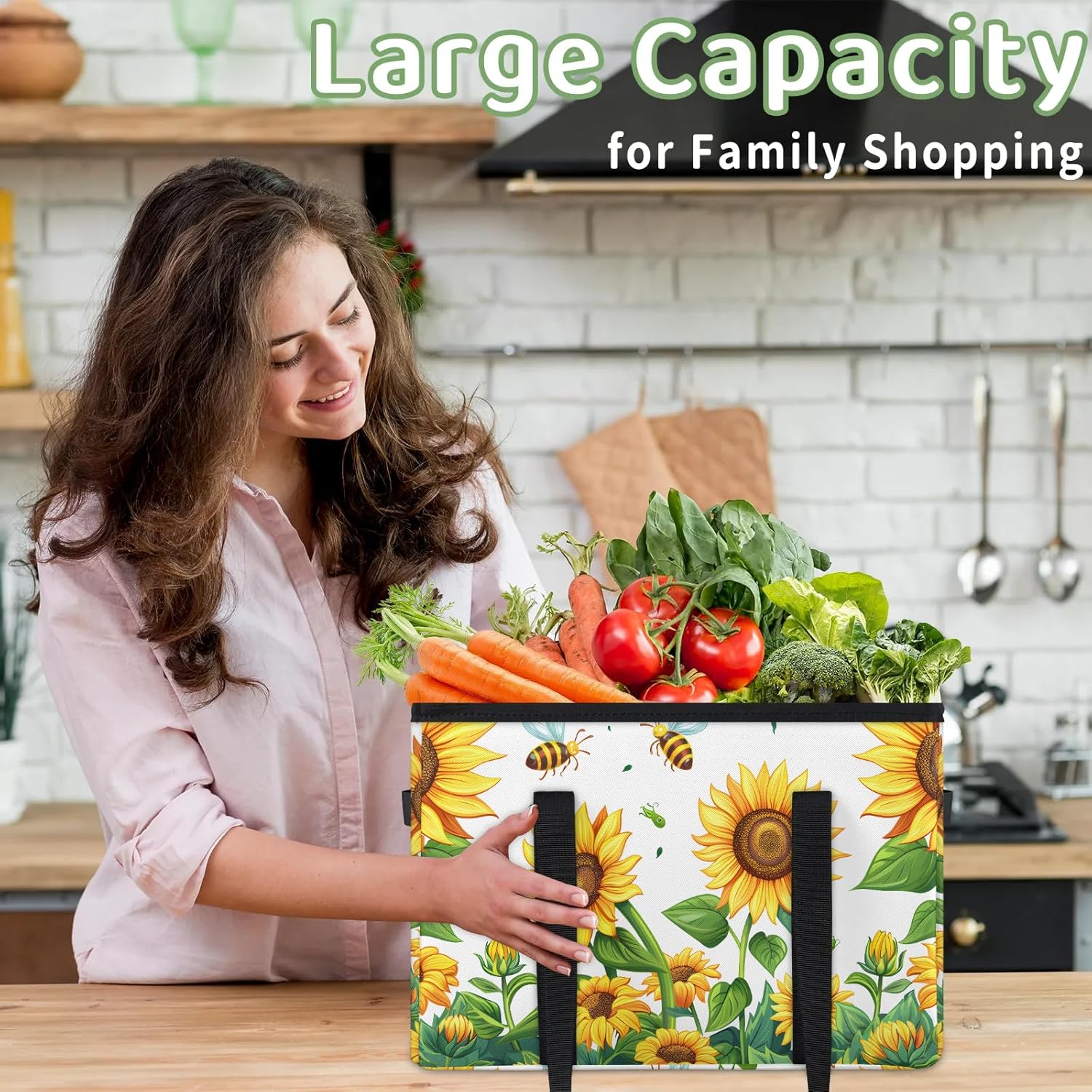 Bright Sunflowers Reusable Grocery Bags Foldable Shopping Bags Storage Bins Basket Large Grocery Tote Bag Foldable Shopping Bag with Reinforced Bottom & Handles for Clothes Shoes Picnic, 3pcs