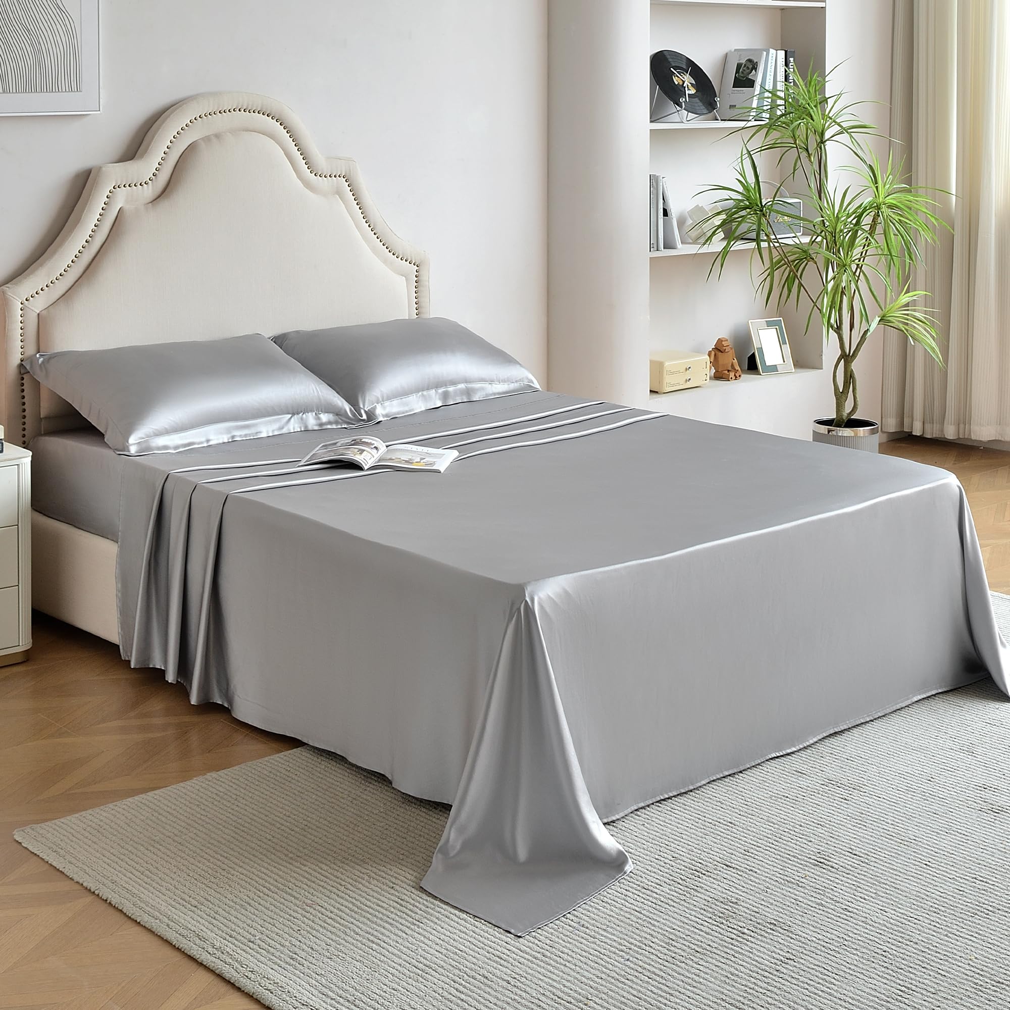 4 Pieces 100% Mulberry Silk Sheet Set Bed Sheets, 19 Momme Queen Size 6A Luxury Bedding Set