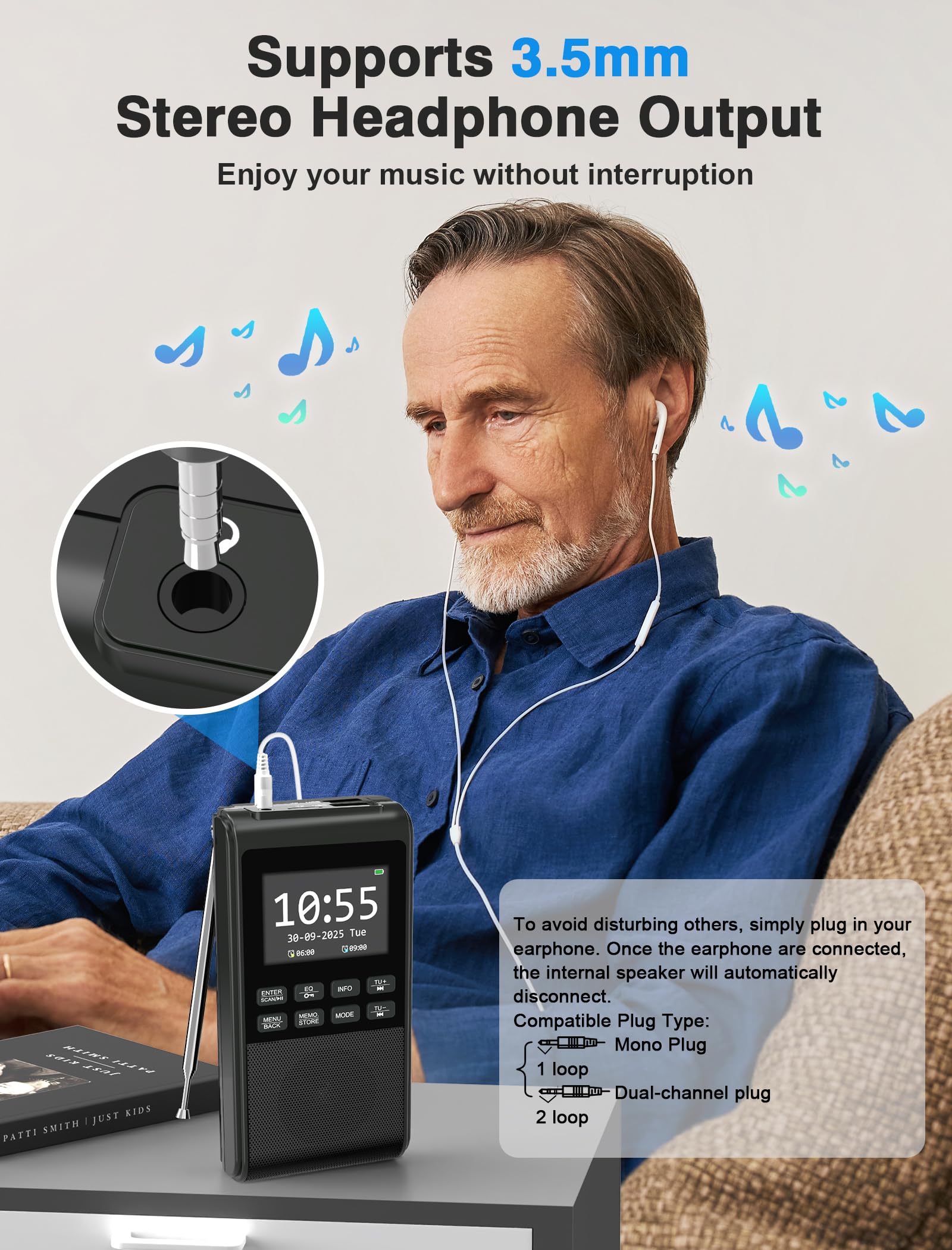 Tragbares DAB-Radio mit Bluetooth 5.3, wiederaufladbares, batteriebetriebenes FM-Radio, klein, Dual-Alarmuhr, DAB+ Digitalradio mit Farbdisplay, großer 5-W-Lautsprecher, unterstützt SD-Karte und