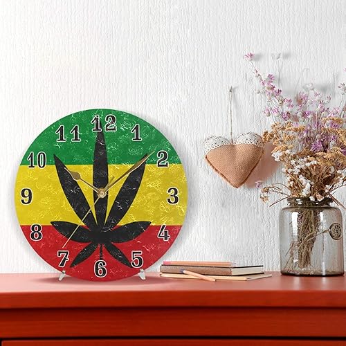 Miniatura 5 de Reloj de pared de 9.5 pulgadas con diseño de hojas de marihuana de cáñamo, reloj redondo silencioso sin tictac para decoración del hogar, sala de