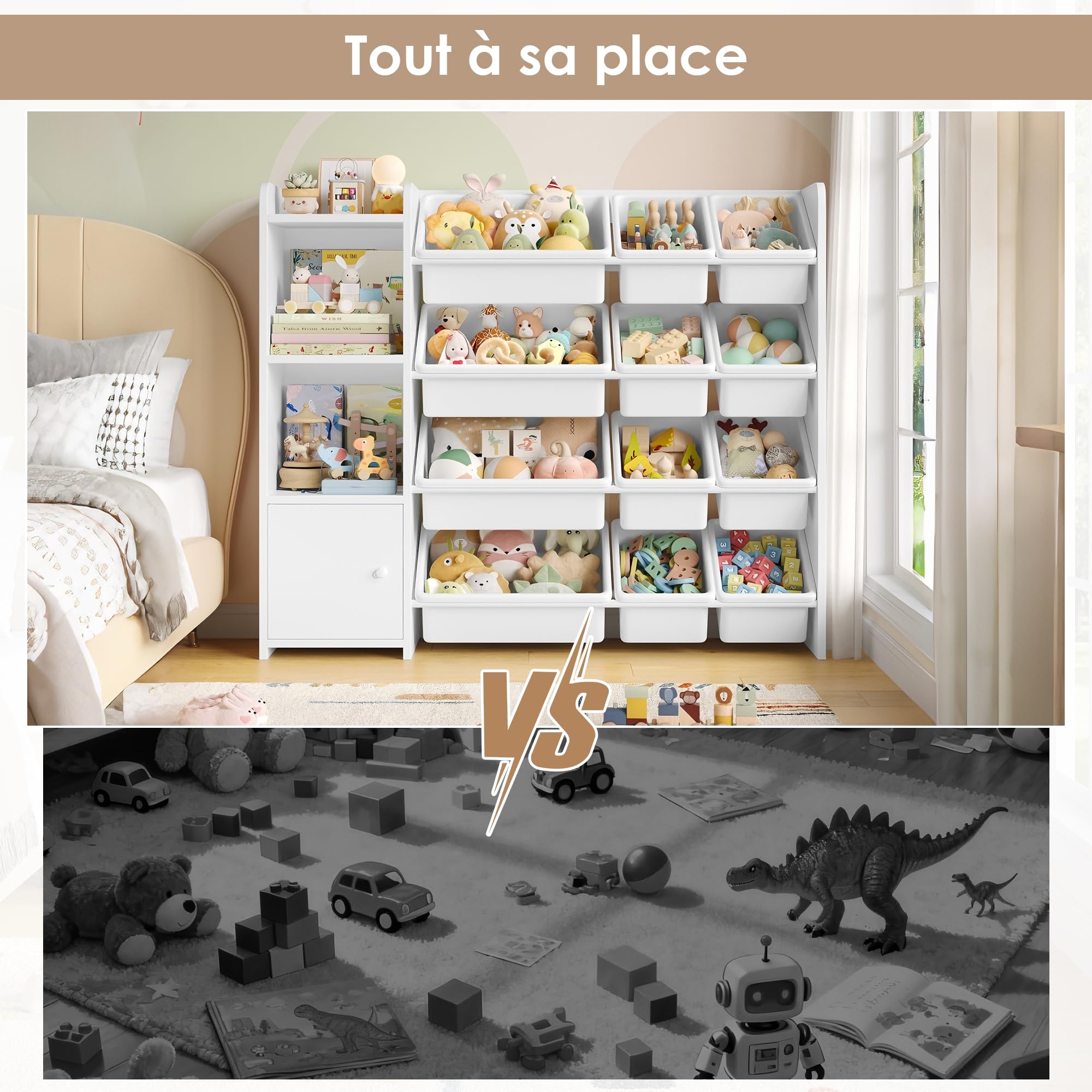 FOREHILL Meuble de Rangement Enfant avec 12 Boîtes Amovibles Bibliothèque Enfant 4 Étagères Meuble Rangement Jouets pour Chambre d’Enfant Salon 112,5x30x100cm Blanc