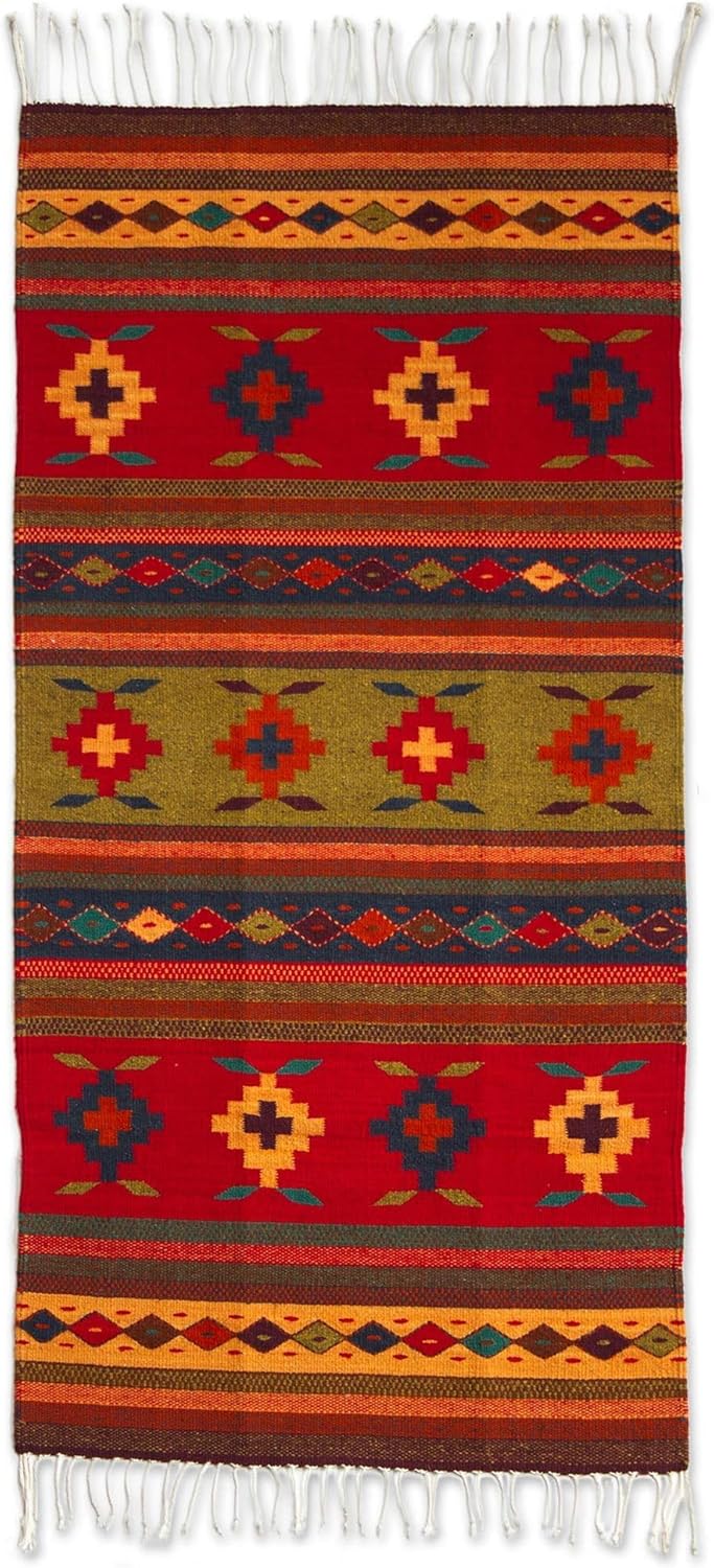 Novica Multicolor Red Yellow Wool Geometric Flat-Weave Area Rug (2.5x5), Geometric Flower'