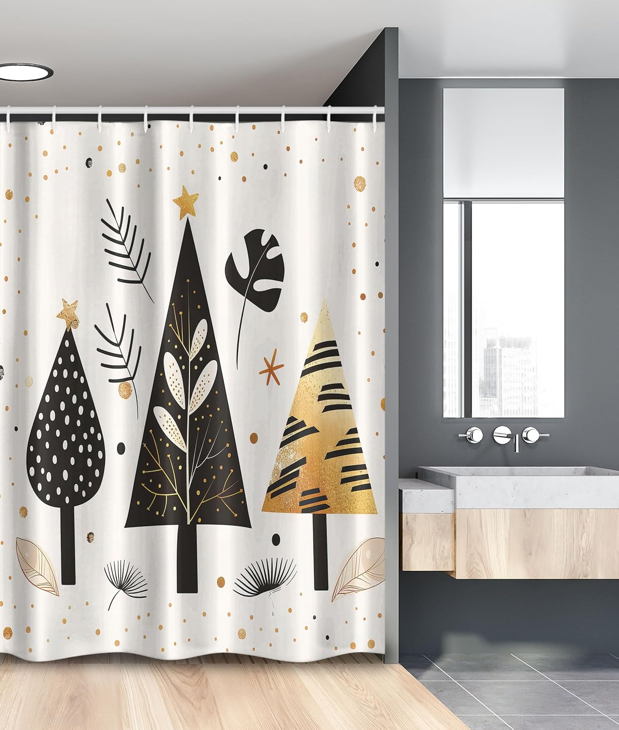 Ambesonne Christmas Stall Shower Curtain, Modern Scandi Xmas Theme with Pine Exotic Monstera and Palm Trees, Fabric Bathroom Decor Set with Hooks, 54" W x 78" L, Beige Black Charcoal Grey