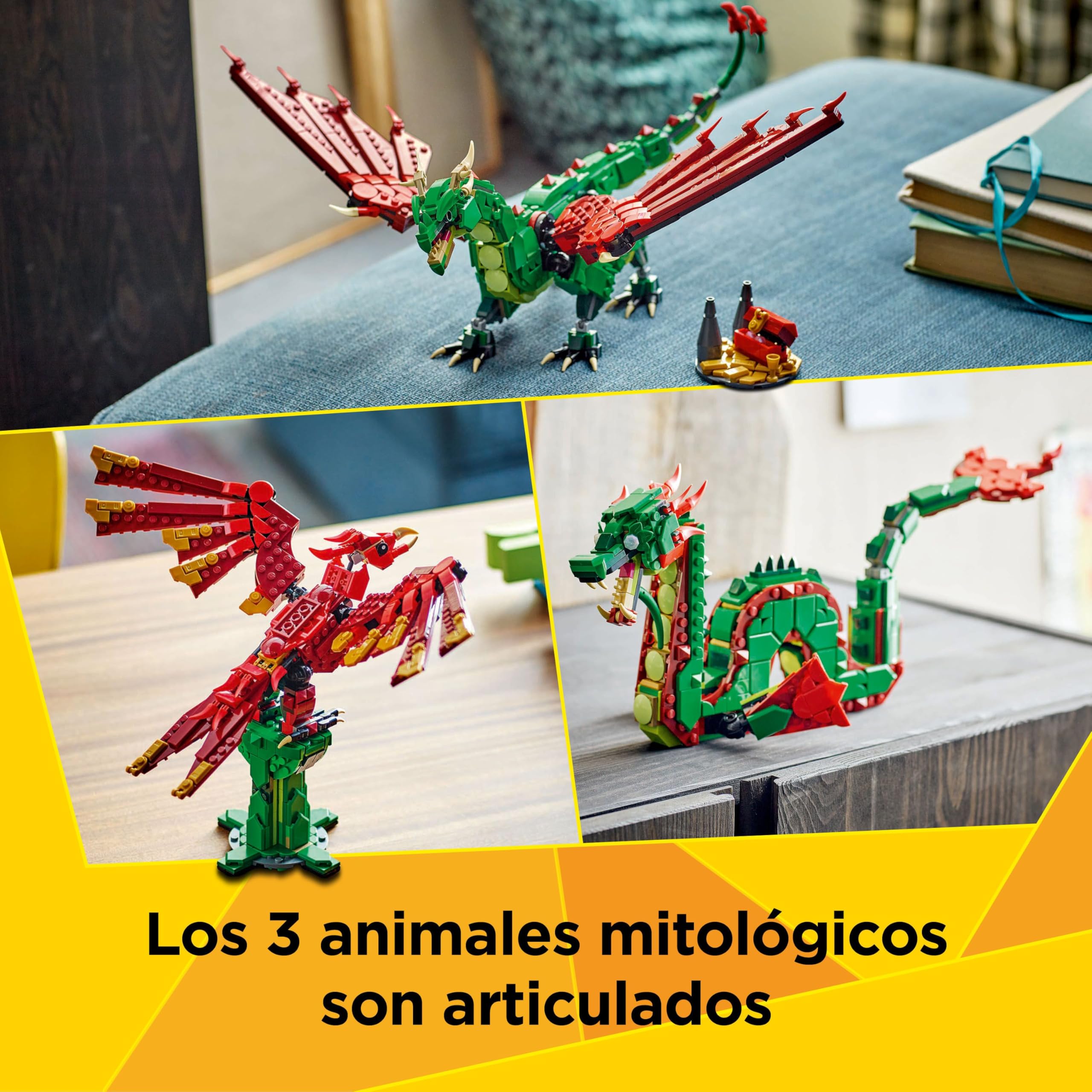 LEGO Creator 3 en 1 Dragón Medieval Transformable en Ave Fénix o Serpiente Marina, Animales de Juguete, Figuras Articuladas, Regalo de Cumpleaños para Niños y Niñas de 9 Años o Más 31161