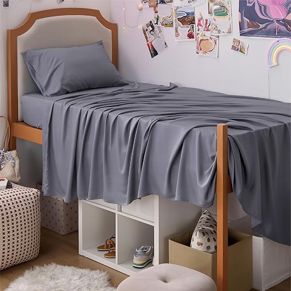 Bedsure Twin XL Sheet Set Dorm Bedding, Cooling Sheets Twin Extra Long Sheets, Rayon Derived from Bamboo, Deep Pocket Up to 16", Hotel Luxury Silky Bedding Sheets & Pillowcases, Dark Grey