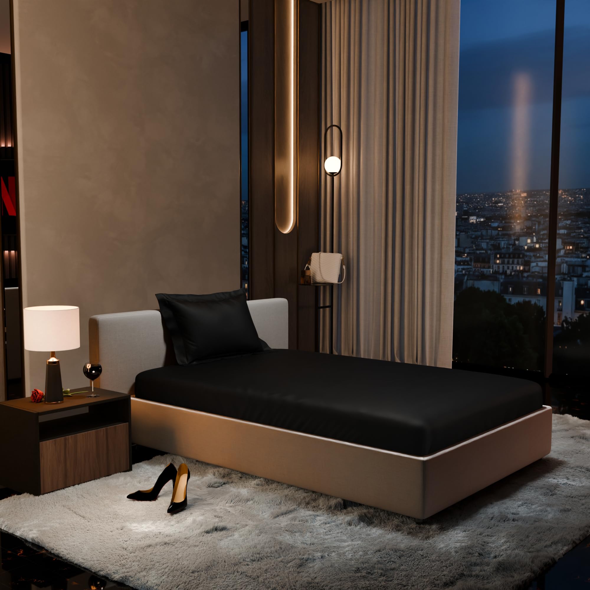 Stoa Paris 300TC UltraSatin Single Bedsheet Set, 10” Drop Fitted Bedsheet with 1 Pillow Cover, Hypoallergenic, Wrinkle Free, Aesthetic Bedding, Home Decor, Gift, Date Night - Midnight Black