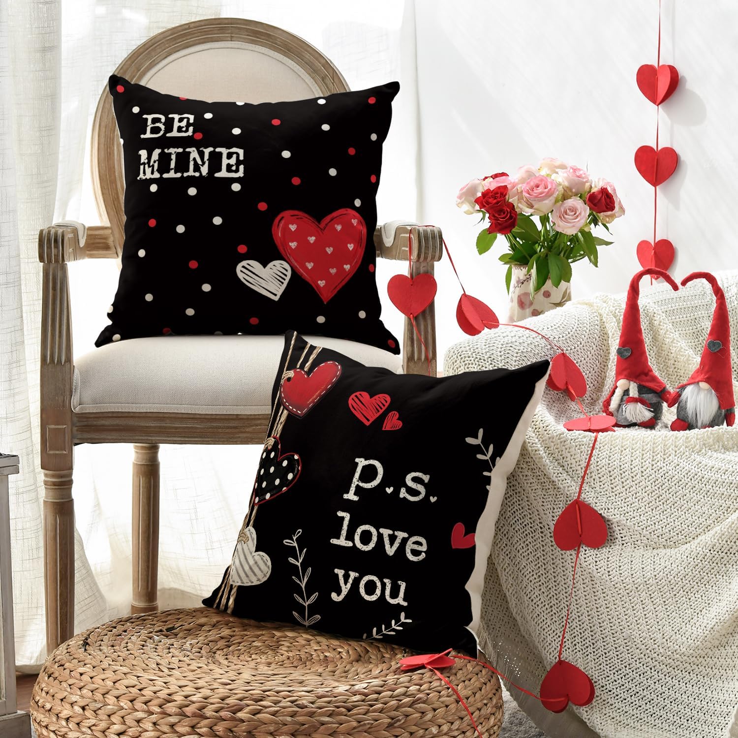 AVOIN colorlife Happy Valentine's Day Red Heart Throw Pillow Covers, 18 x 18 Inch Love You Be Mine Black Anniversary Wedding Cushion Case Decoration for Sofa Couch Set of 4 - Image 3