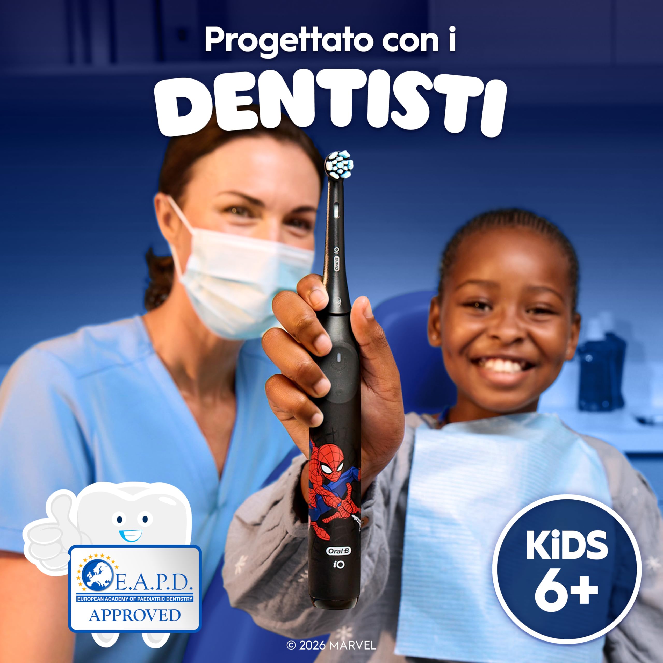 Oral-B Spazzolino Elettrico Ricaricabile iO Kids 6+, 1 Testina, Custodia, Nero - Marvel Spider-Man, 1 Testina di Ricambio per Spazzolino Elettrico, dai 6 Anni in su, Delicato sulle Gengive, Custodia