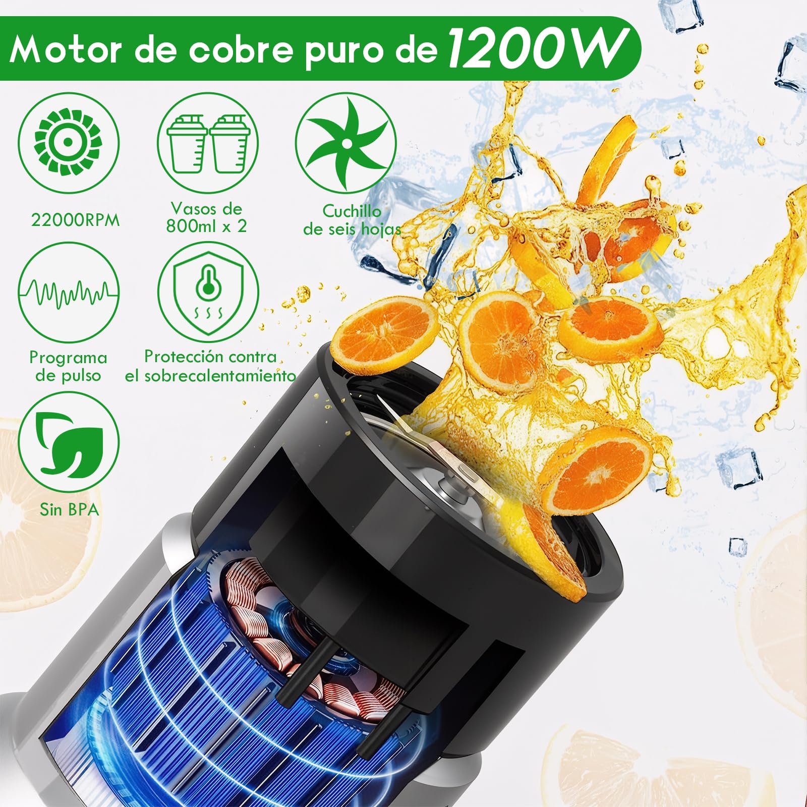 Mini Batidora, Licuadora de pulso, 1200W Batidora Smoothies con 2 x 800 ml Vasos Portátiles, Sin BPA, 6 Cuchillas de Acero Inox para batidos y smoothies