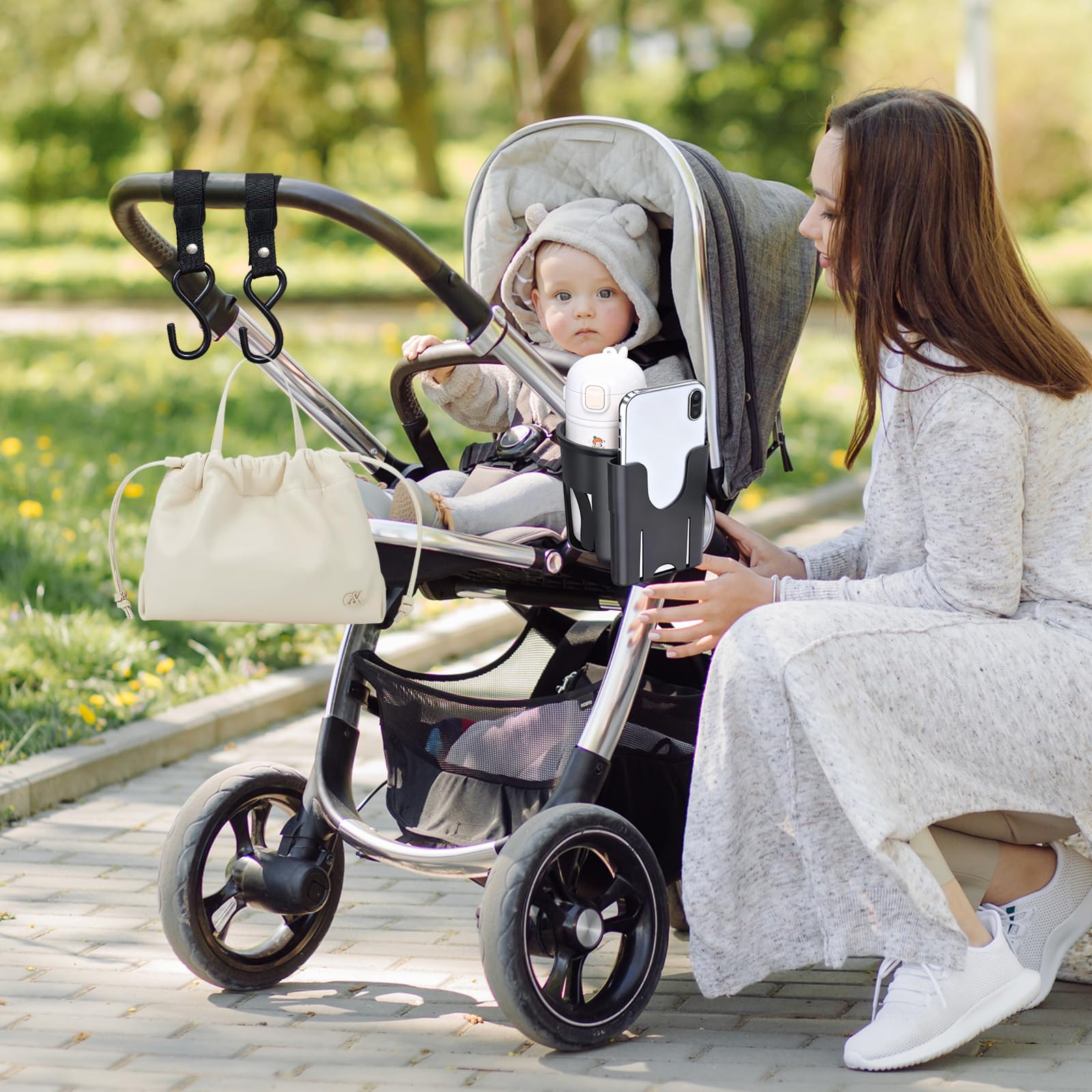 2pcs portavasos Carrito Bebe con 1 Gancho, portavasos Giratorio 360°, portavaso Universal para cochecitos, Apto para sillas de Ruedas, cochecitos, Bicicletas y portavaso de café
