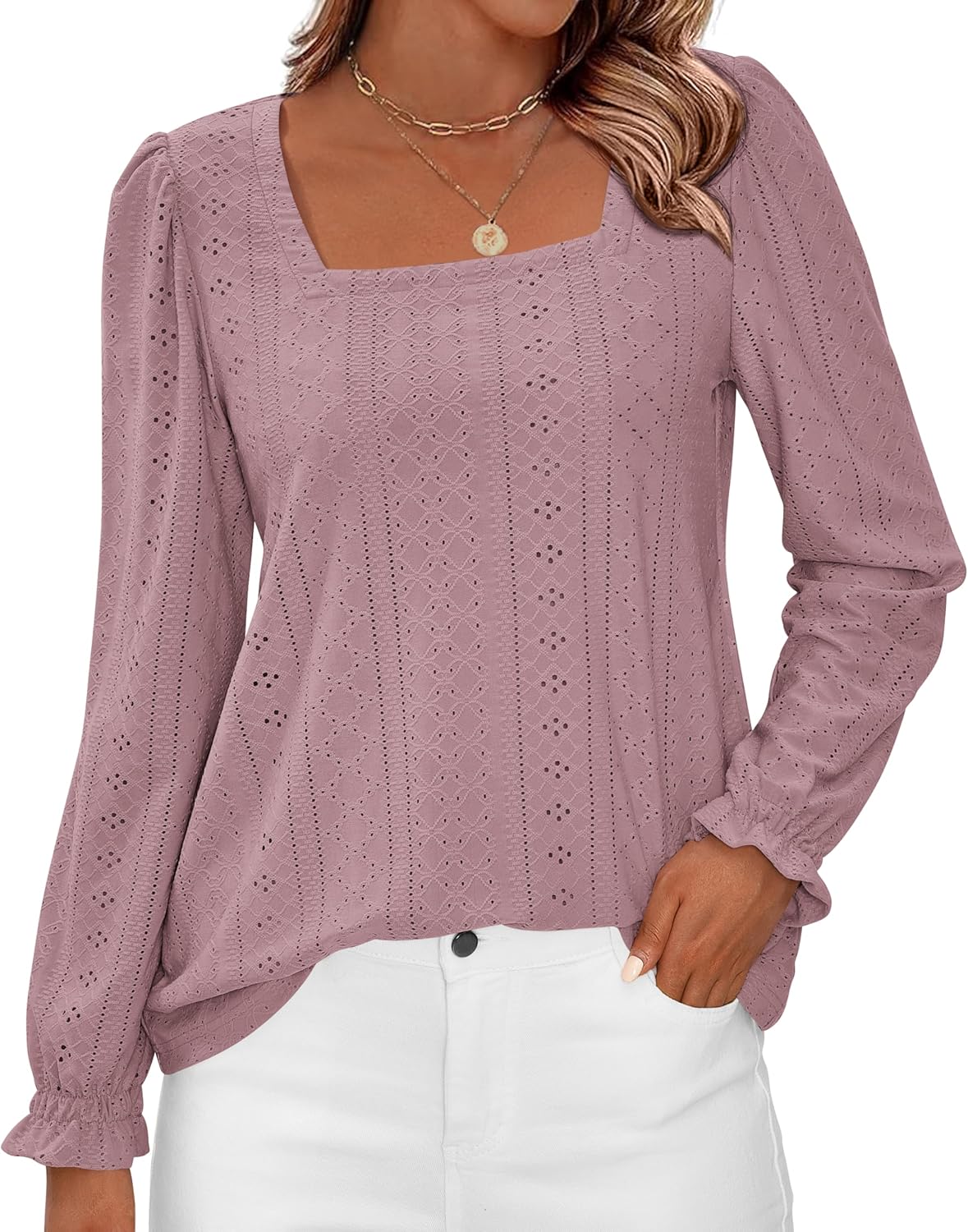 Okiwam Womens Long Sleeve Shirts Fall 2026 Square Neck Dressy Casual Blouses Eyelet Tunic Tops Fashion Outfits Clothes