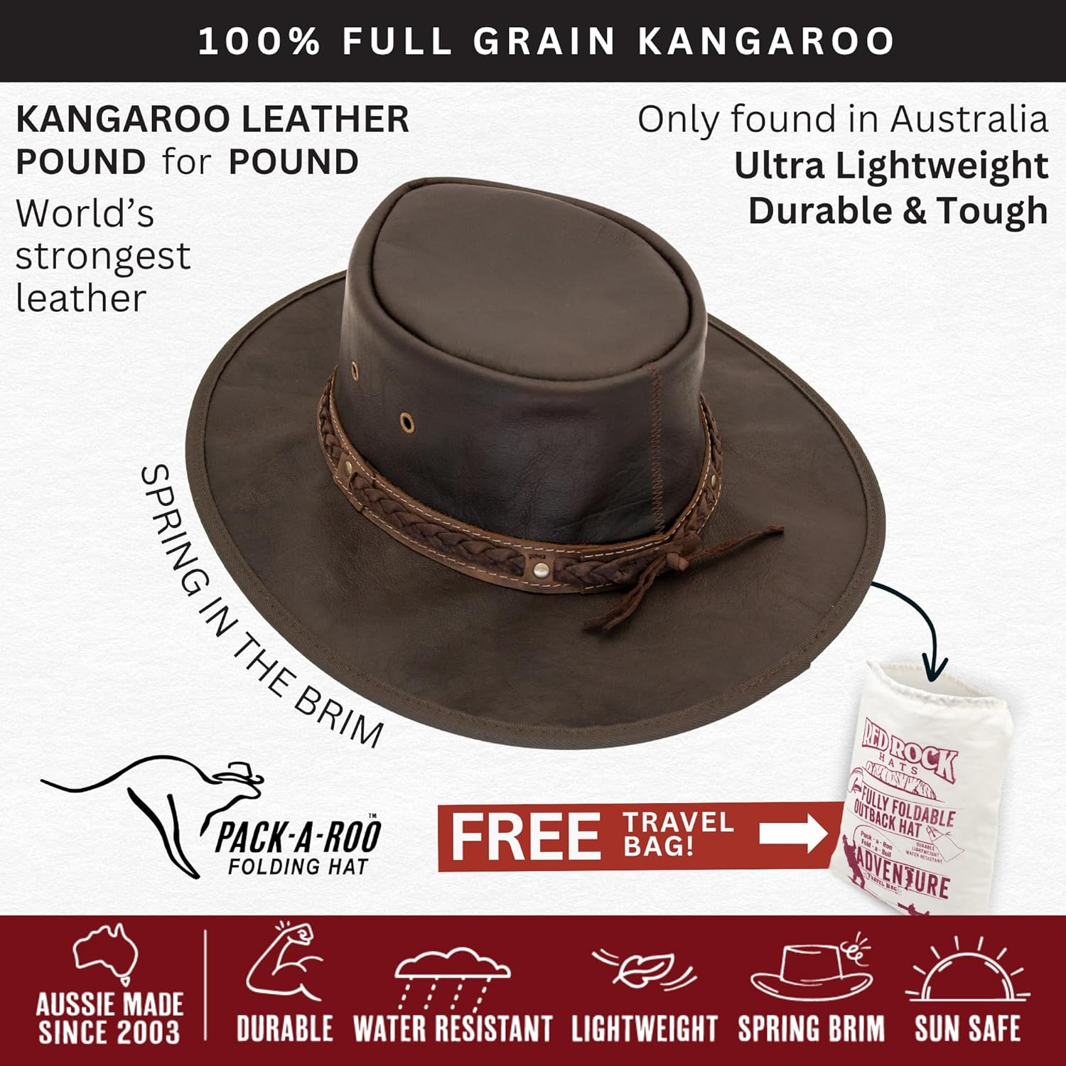 1078 Kangaroo Classic - Australian Outback Hat - Kangaroo Leather, Aussie Made, Foldable, Free Travel Bag - Image 3