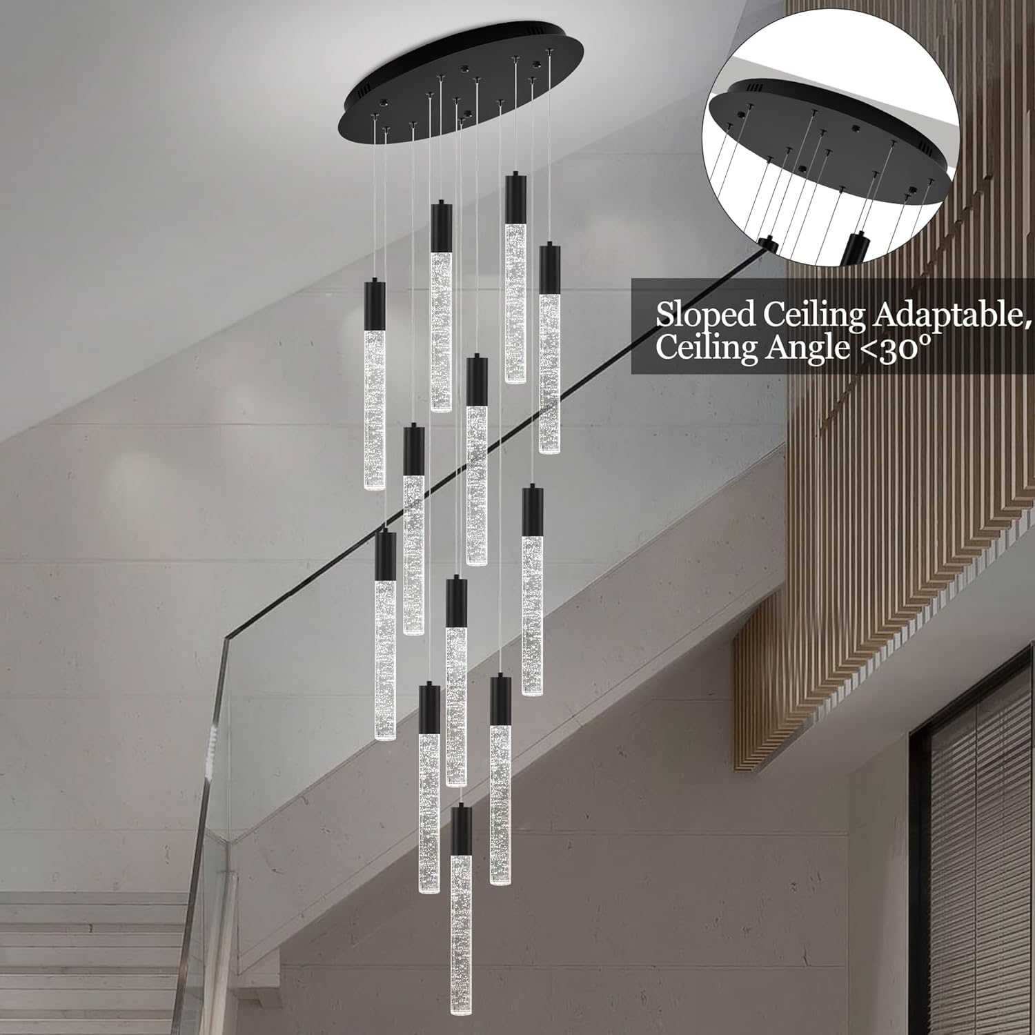 Modern High Ceiling Crystal Chandelier 12-Lights, Large Spiral LED Raindrop Foyer Pendant Lighting, Bubble Staircase Living Room Hanging Light Fixture Flush Mount Black