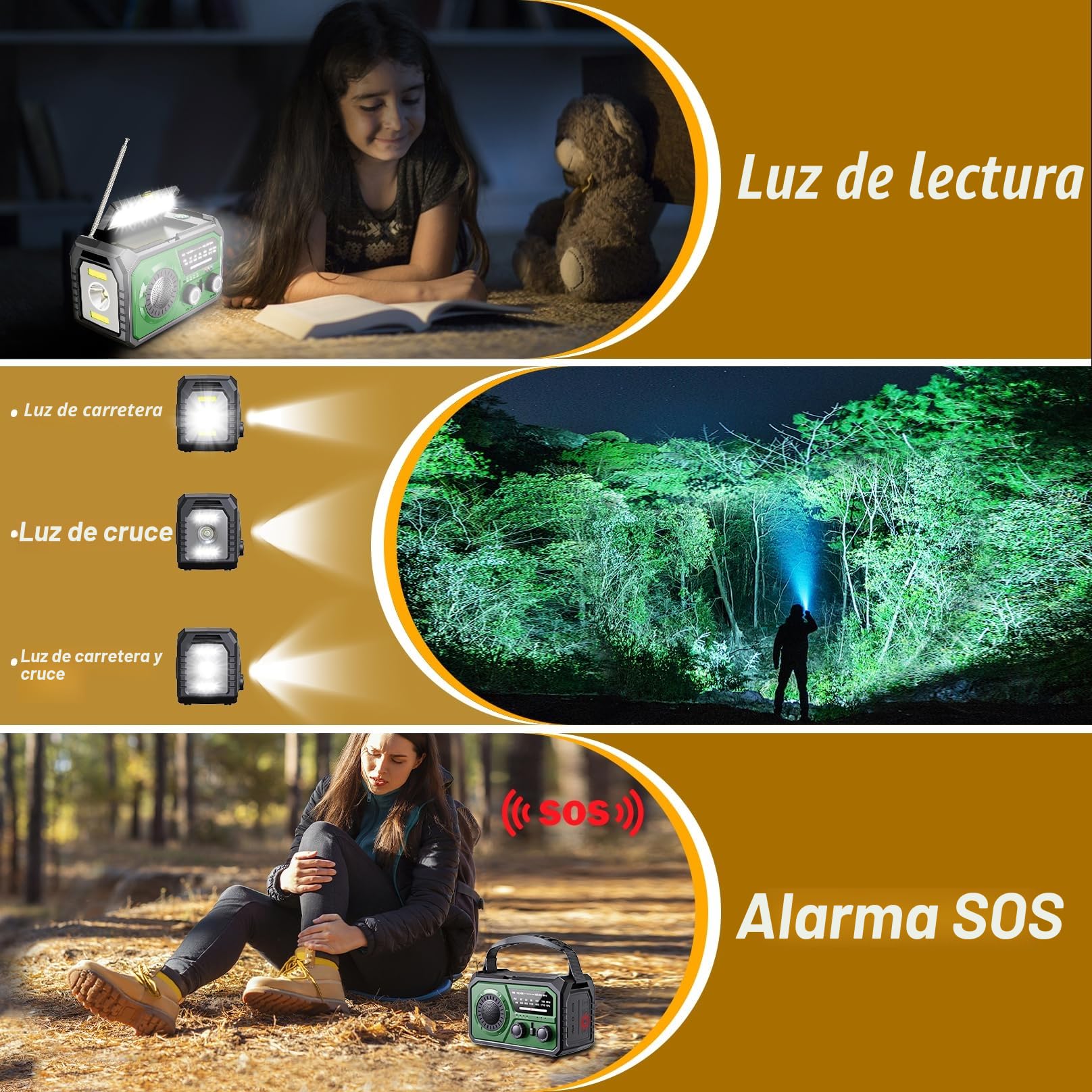 Radio solar de 16000 mAh, radio AM/FM, portátil, USB, con batería recargable de 59200 mWh, linterna LED, alarma SOS y dinamo de manivela para camping, viajes (verde militar)