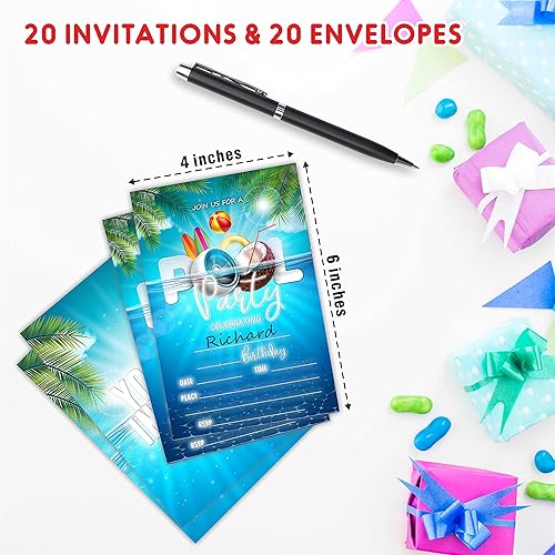 Miniatura 2 de AWSICE Invitaciones de cumpleaños de fiesta de natación de verano, tarjetas de invitación rellenas de doble cara para fiesta de cumpleaños, 20
