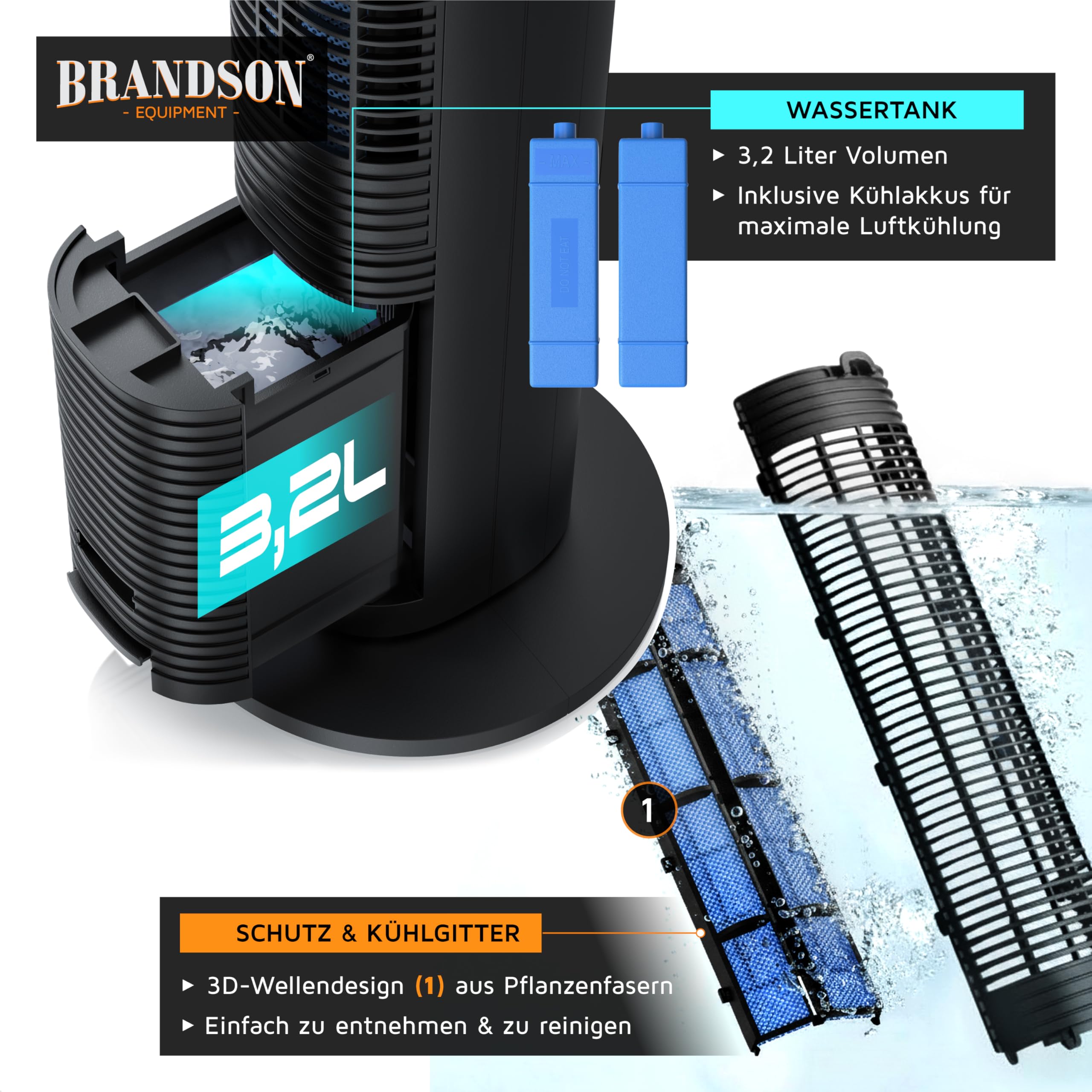Brandson – mobiler Luftkühler mit Wasserkühlung im ECO Design - DC Motor sehr leise - 60% Energie... Ansicht 7
