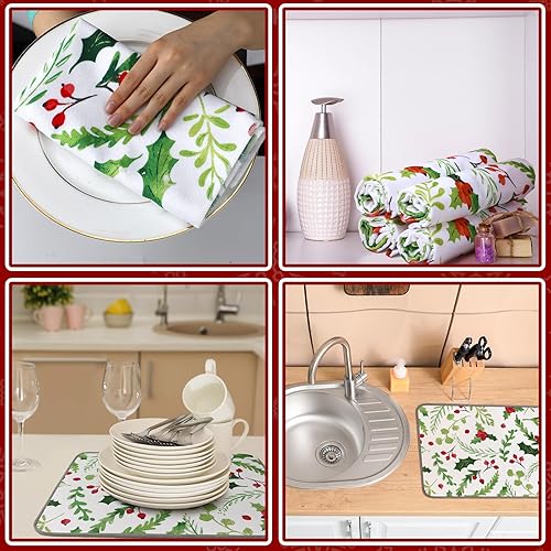 Miniatura 4 de Juego de 4 toallas de cocina de bayas de acebo y 1 tapete de secado de platos de Navidad, toallas de mano de bayas, vacaciones de invierno, tapete