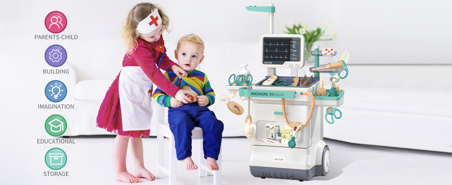 Serena & Jewel Kit Médico Infantil – Carrito Móvil Con 26 Accesorios, Luces, Termómetro Y Estetoscopio, Juego De Simulación Realista