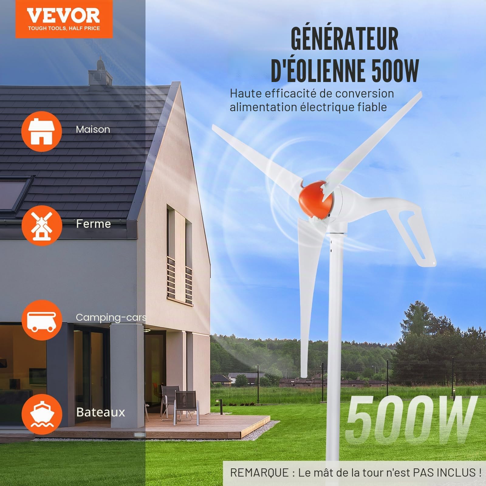 VEVOR Générateur d'éolienne 500 W avec anémomètre, kit d'éolienne 12 V, générateur d'énergie éolienne à 3 pales, contrôleur MPPT et direction du vent réglable, adapté pour la maison, la ferme, les cam