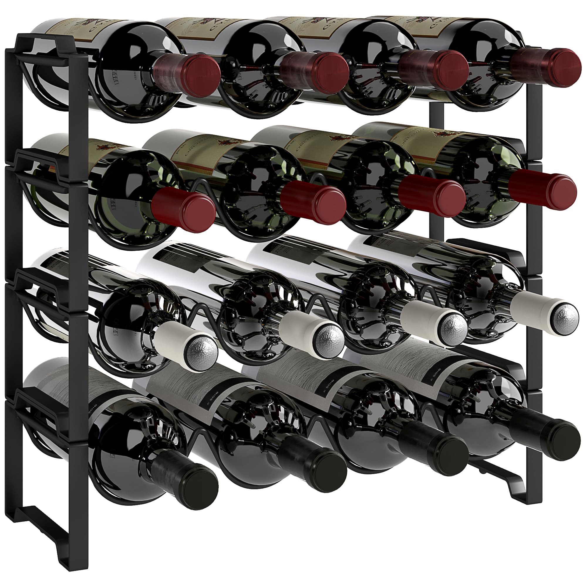HOMCOM Portabottiglie Vino a 4 Livelli a Onda Impilabili per 16 Bottiglie, Cantinetta Portabottiglie Metallo per Cucina, Bar, Dispensa e Cantina, 42.5x16.5x41 cm Nero