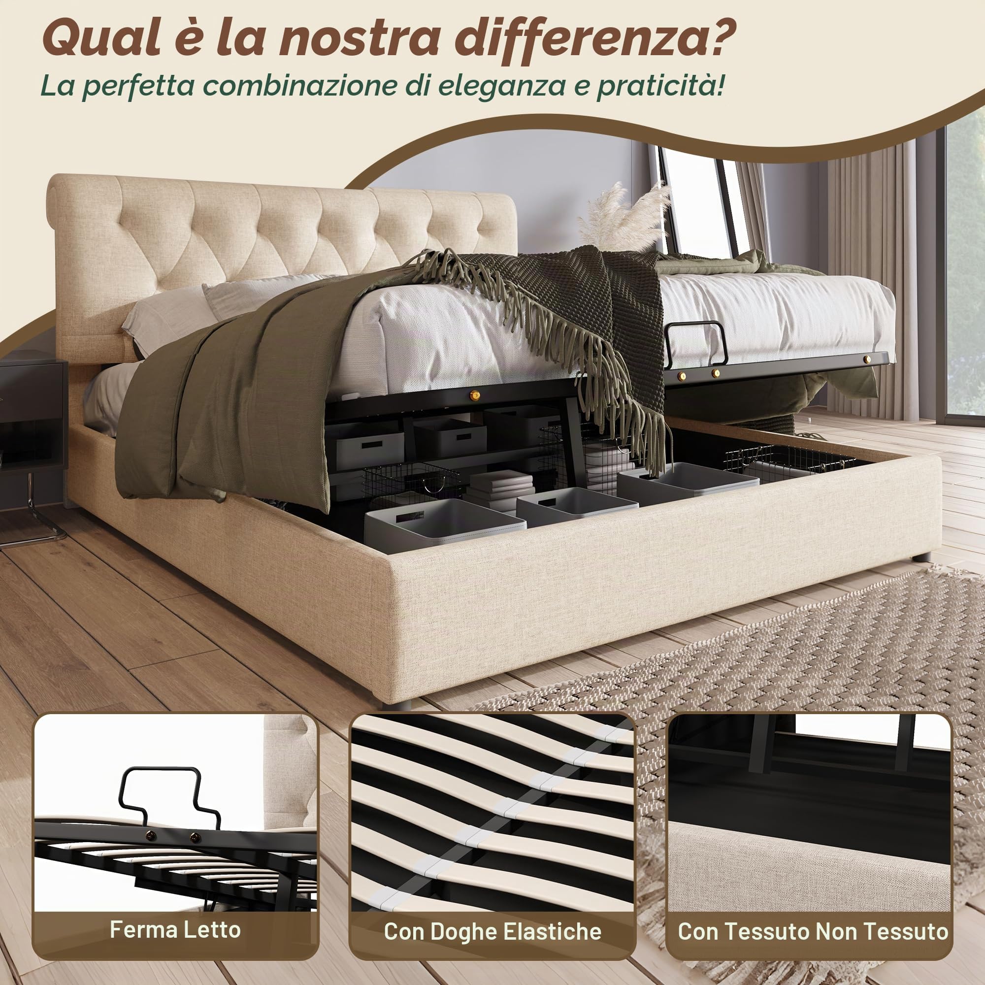 Idemon Letto imbottito idraulico, letto matrimoniale con testiera regolabile, rete a doghe in metallo, cassetta letto (senza materasso) (160 x 200 cm)