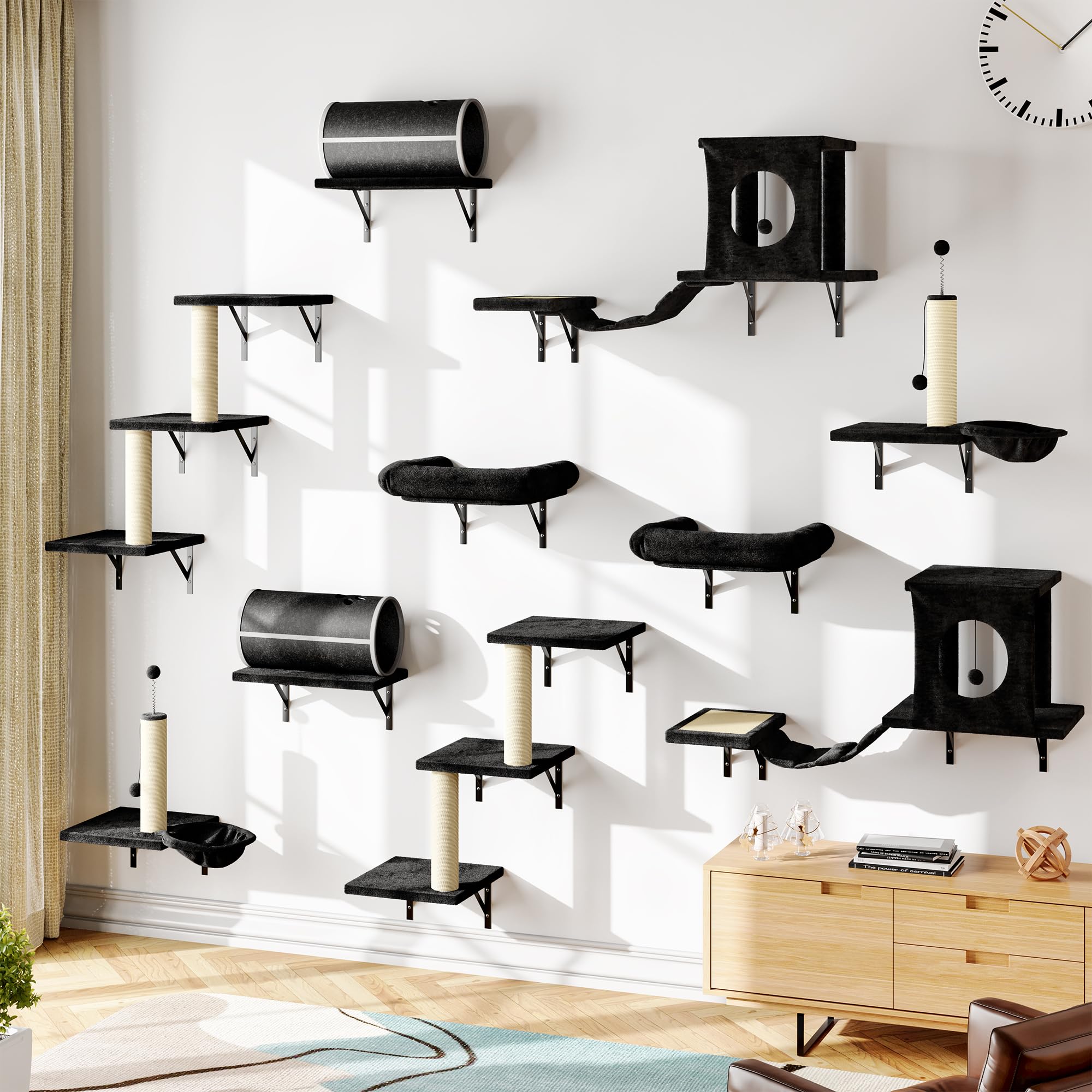 NUNU LAB 14-in-1 Cat Wall Shelves Set, Wall-Mounted Cat Climber with Bridge, Tunnel, House, Scratcher, Steps, Indoor Space-Saving Furniture for Kittens Play, Black