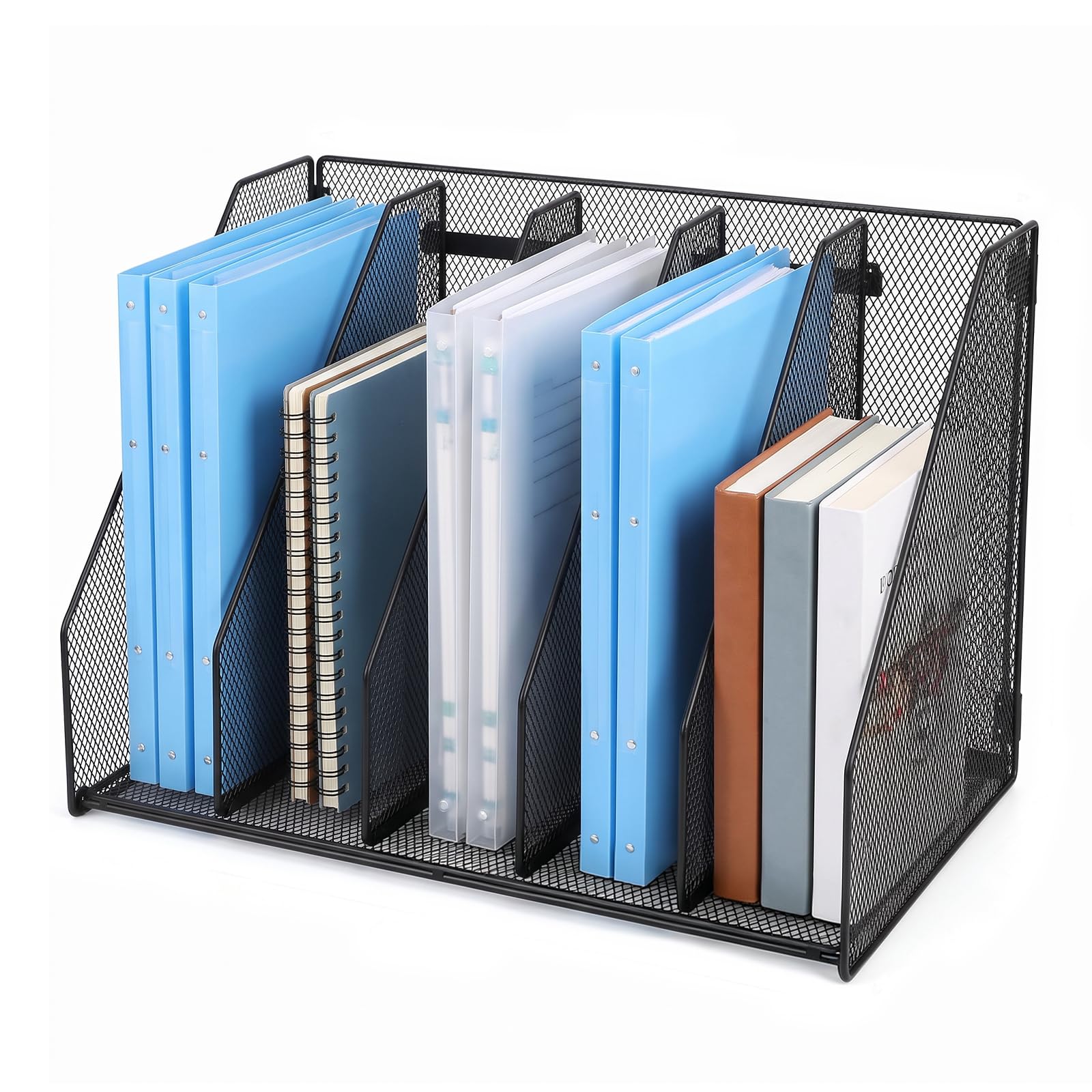 Esyhomi A4 Magazine File Holder, 5-Section Desktop Document Organiser Rack, Sturdy Black Office Paper Storage Tray, Vertical File Rack for Desk Tidy, Home & School Stationery Shelf, 5 Compartments