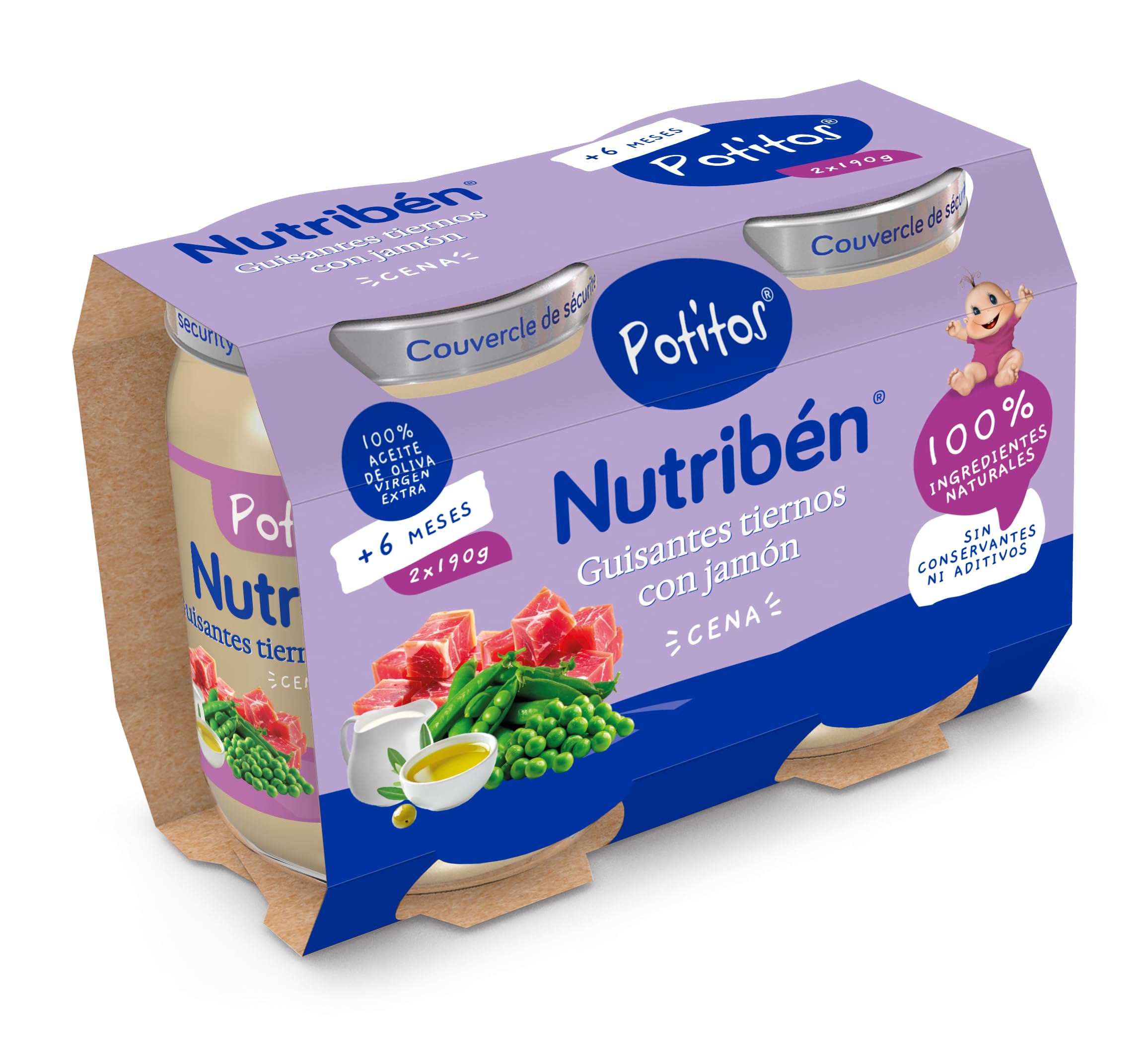 Nutribén Potitos Tarrito Cena Guisantes Tiernos Jamón Bebé 6 Meses Sin Azúcares Añadidos Pack 2x190g