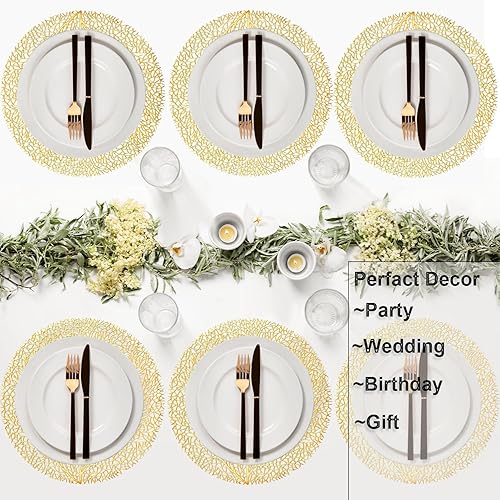 Miniatura 5 de Juego de 6 manteles individuales redondos dorados con huecos, manteles individuales redondos de vinilo prensado, manteles individuales de hojas para